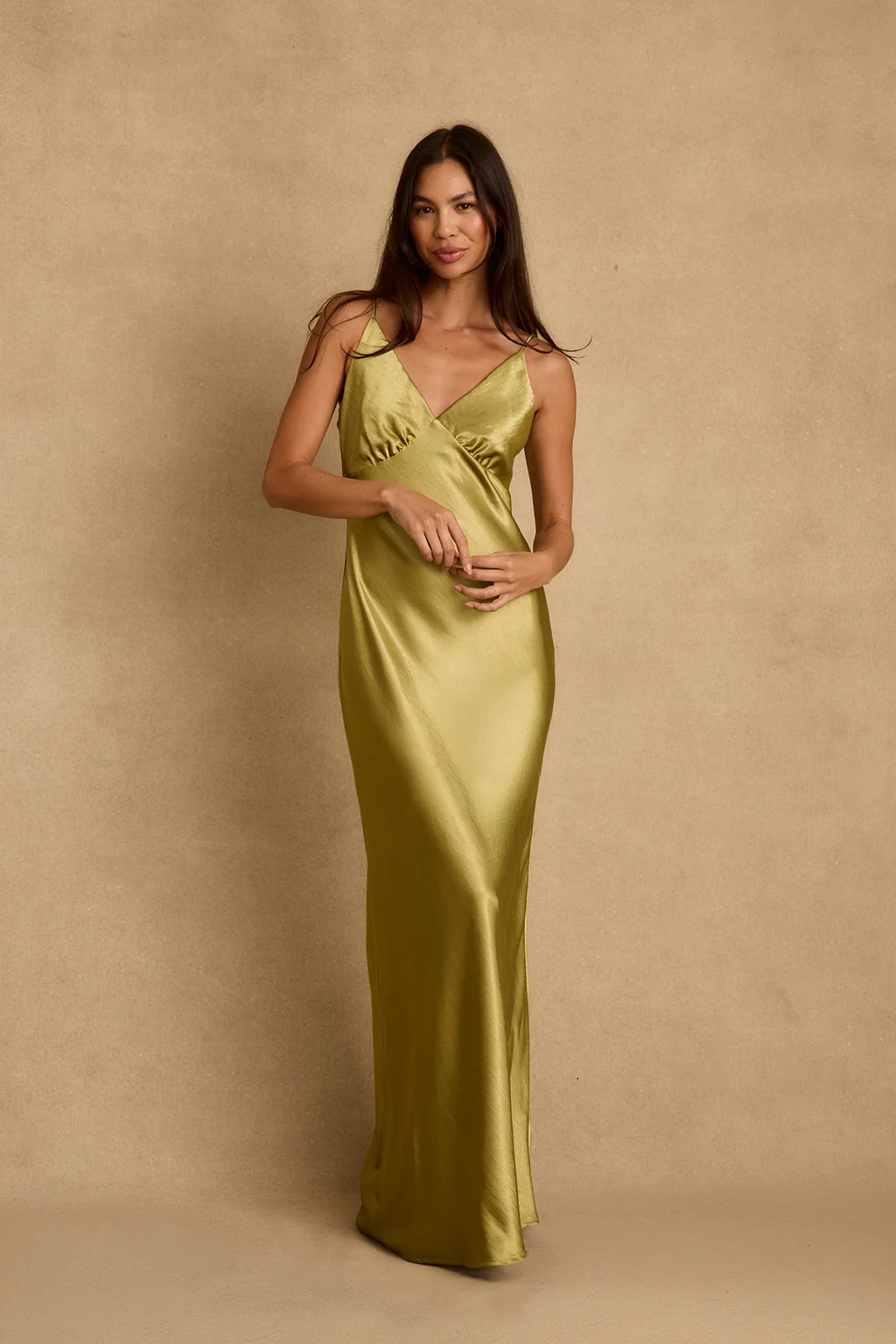 Mirabella Chartreuse Satin Maxi Dress