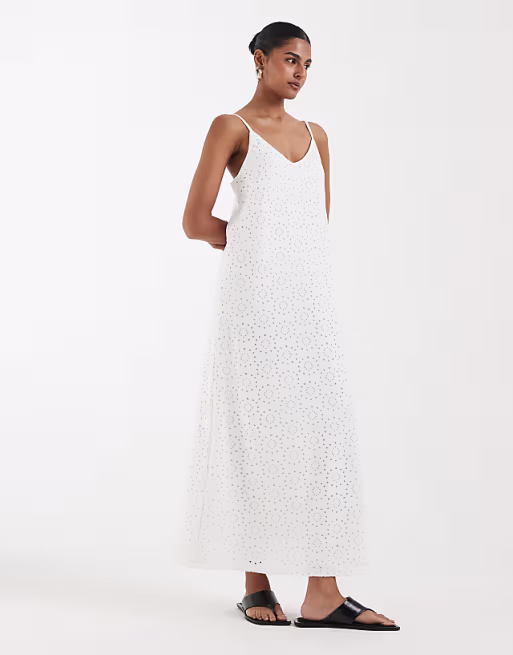 Vero Moda jersey floral broderie cami midi dress in white