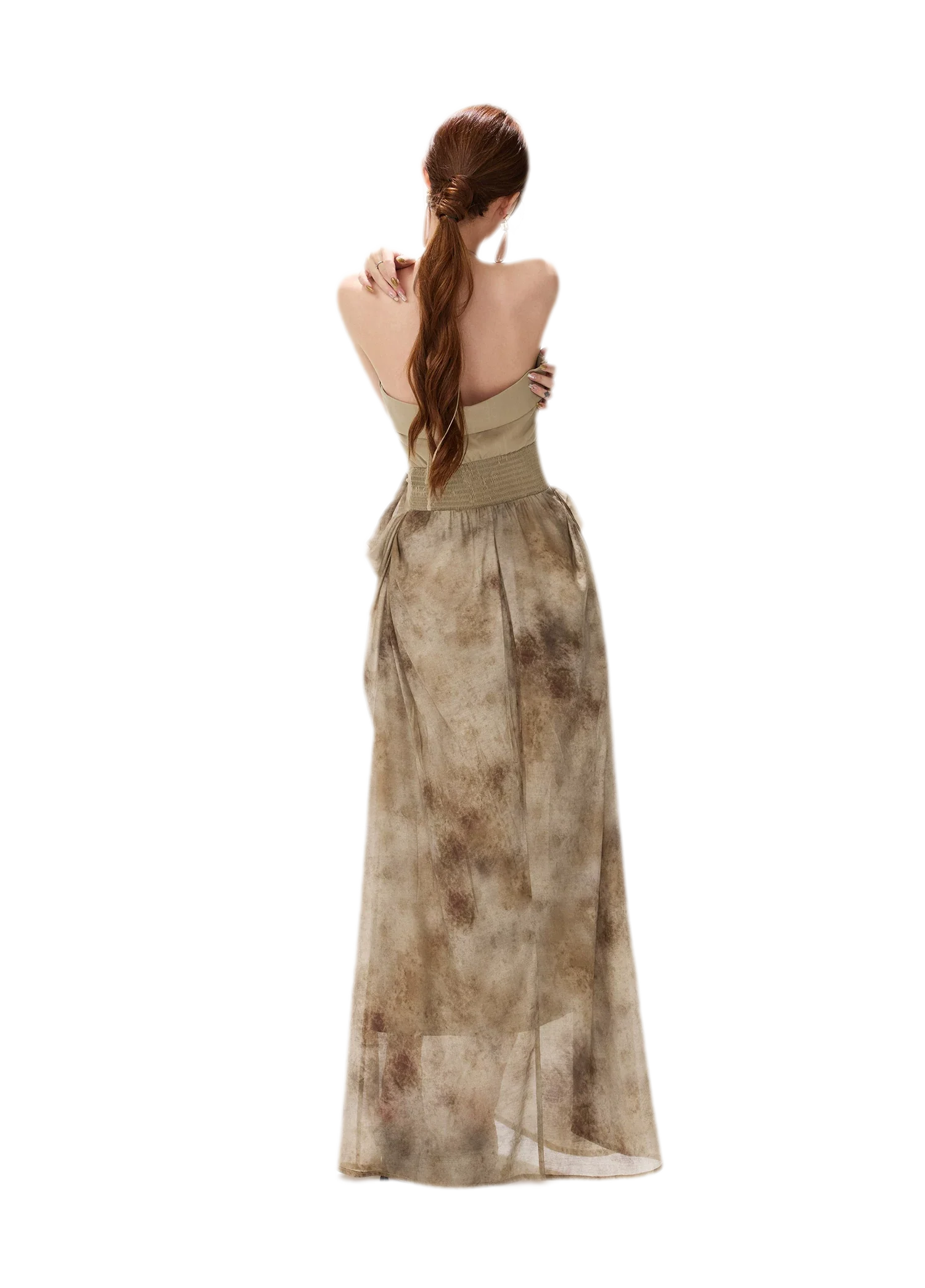 Ink-Wash Pleated Halter Dress