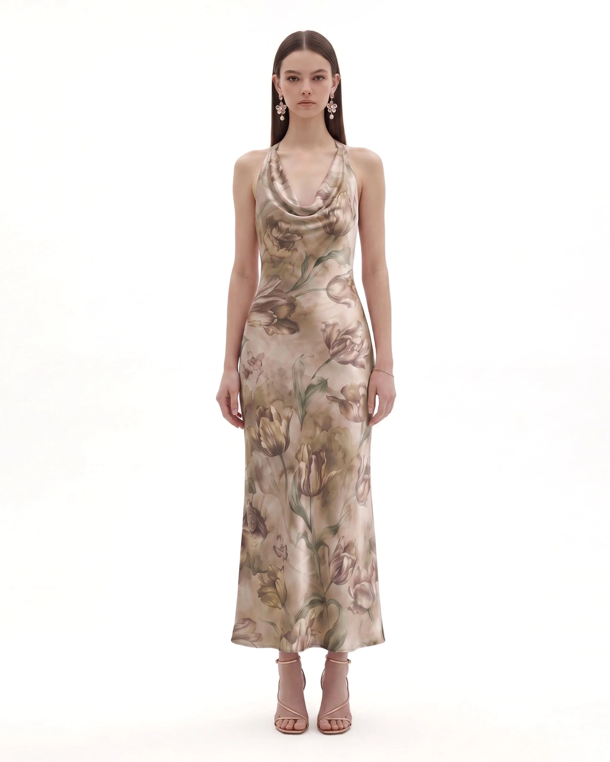 Floral Print Cowl-Neck Satin Maxi Dress - Beige