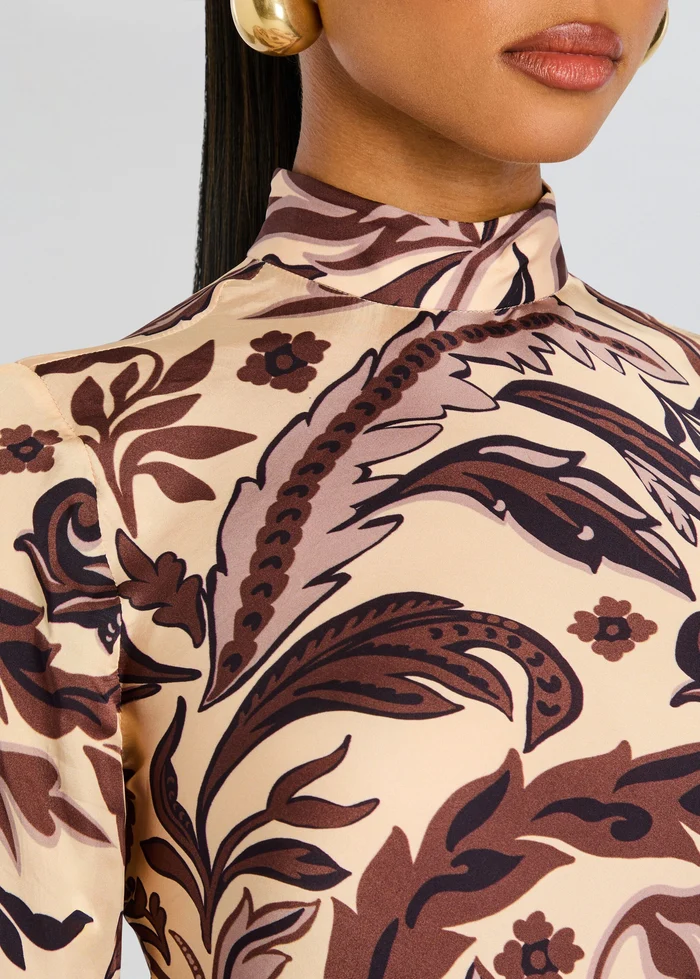 Elegant High Neck Party Dress Printed Brown
