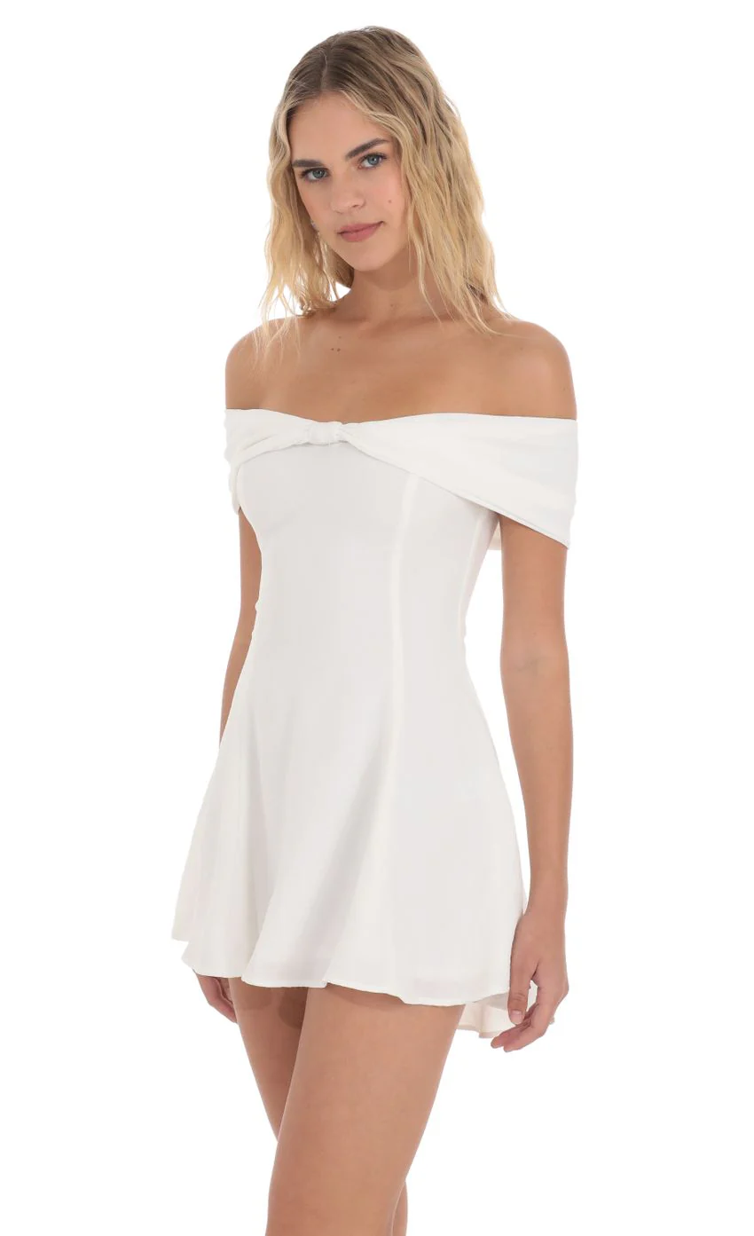 Front Bow Off Shoulder Dress in White - luluinthesky