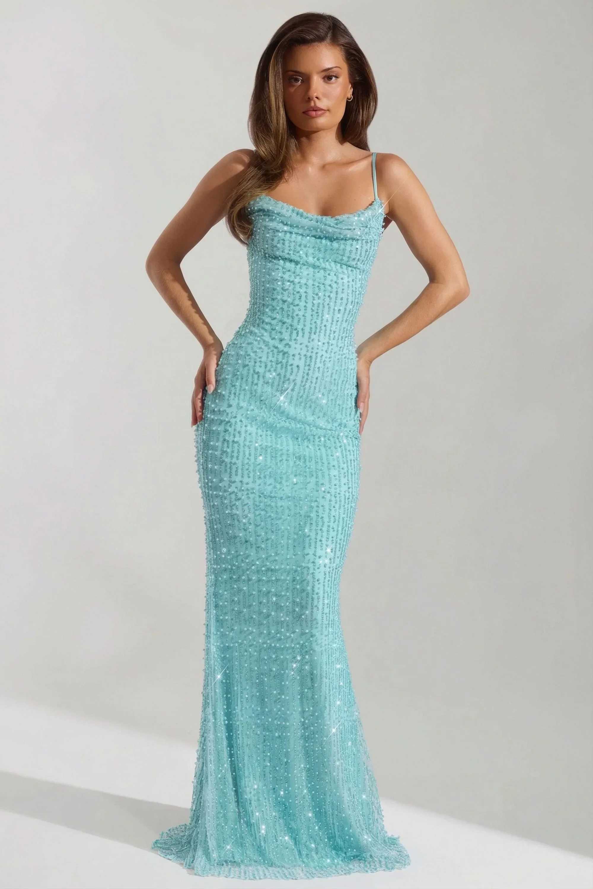 Embellished Cowl-Neck Backless Maxi Dress in Aqua Blue