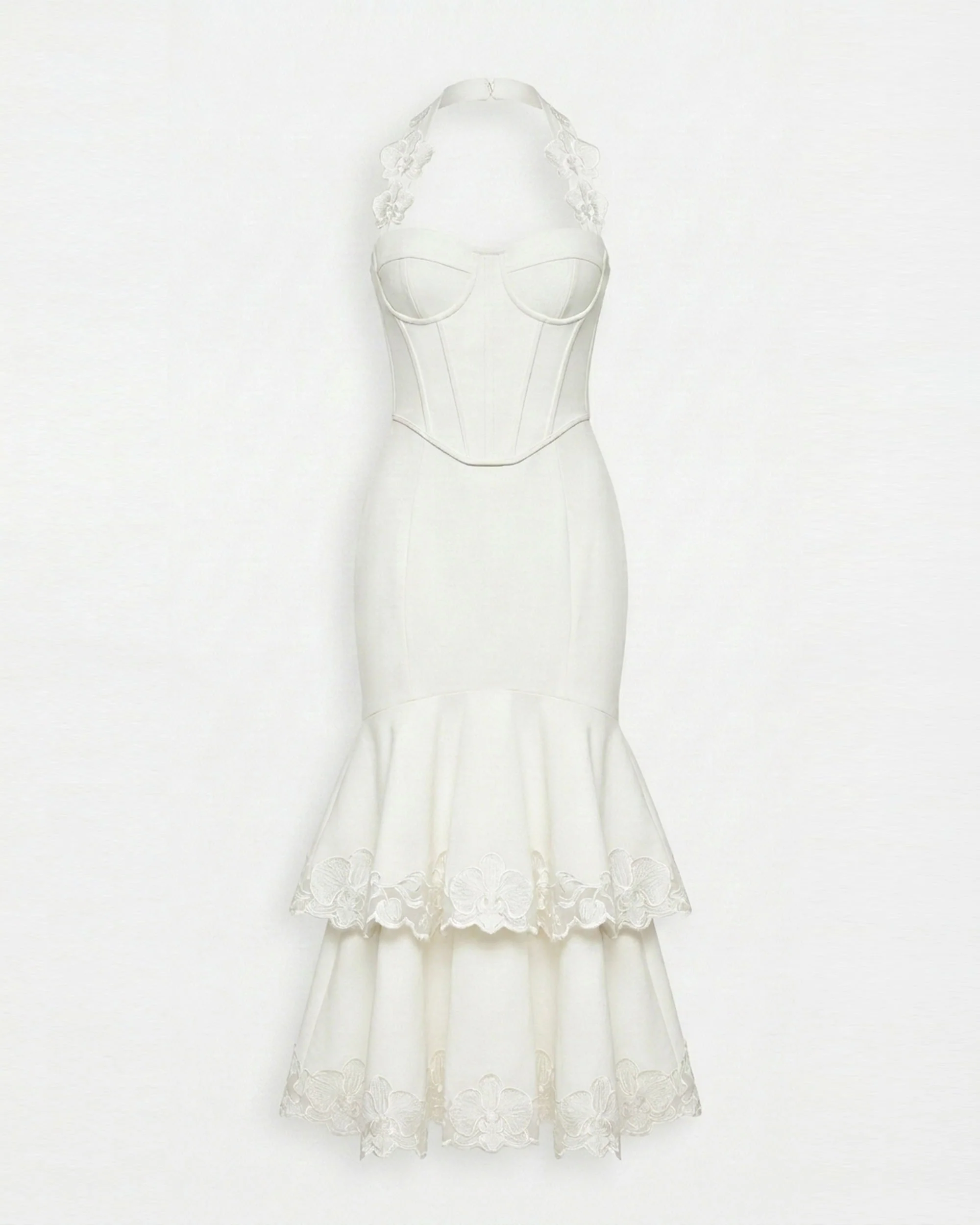 Orchid Embroidered Halter Corset Midi Dress - White - FASHION NOB
