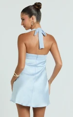 Flynn Mini Dress - Satin Halter Sweetheart Neck Dress in Blue