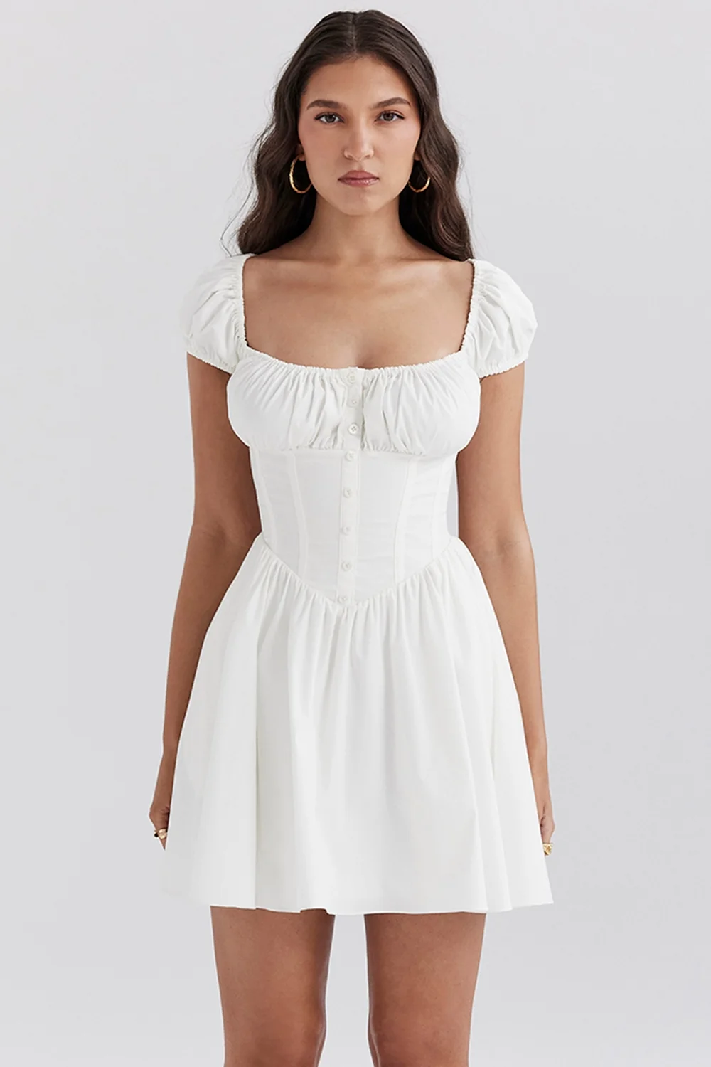 white cotton gathered mini dress