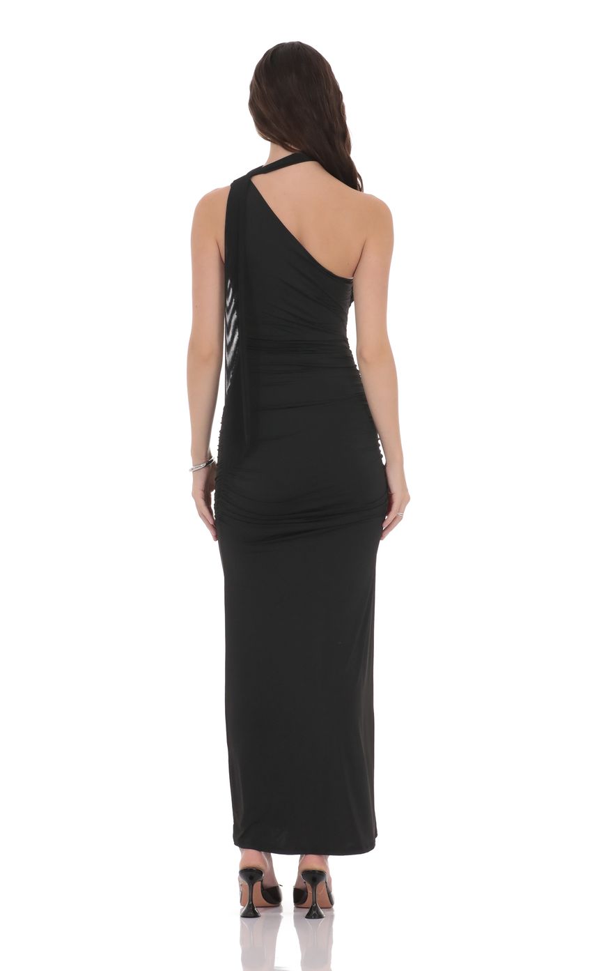 One Shoulder Scarf Wrap Maxi Dress in Black