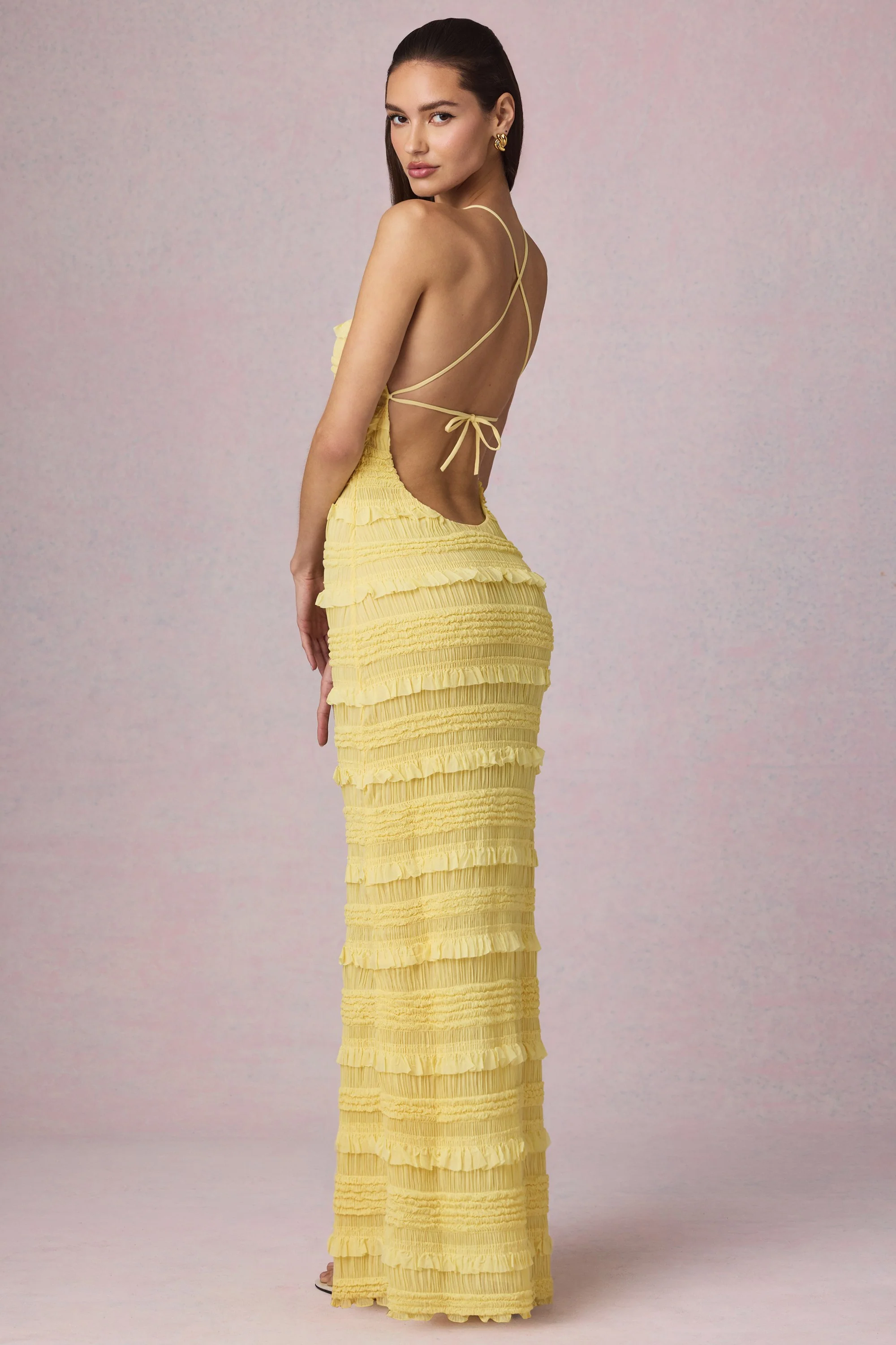Ruffled Backless Halterneck Maxi Dress in Lemon Yellow