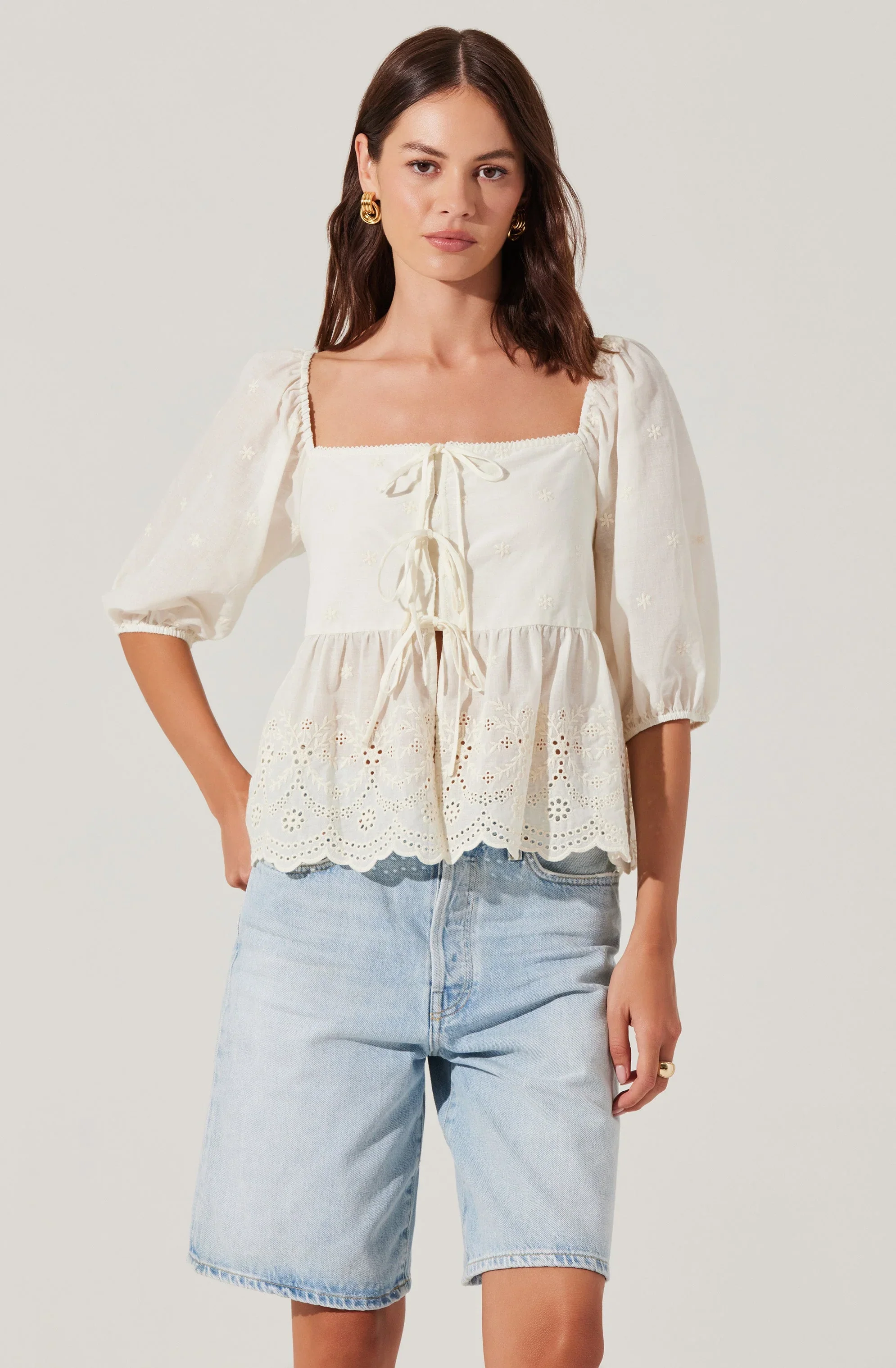 Ezmae Embroidered Tie-Front Top