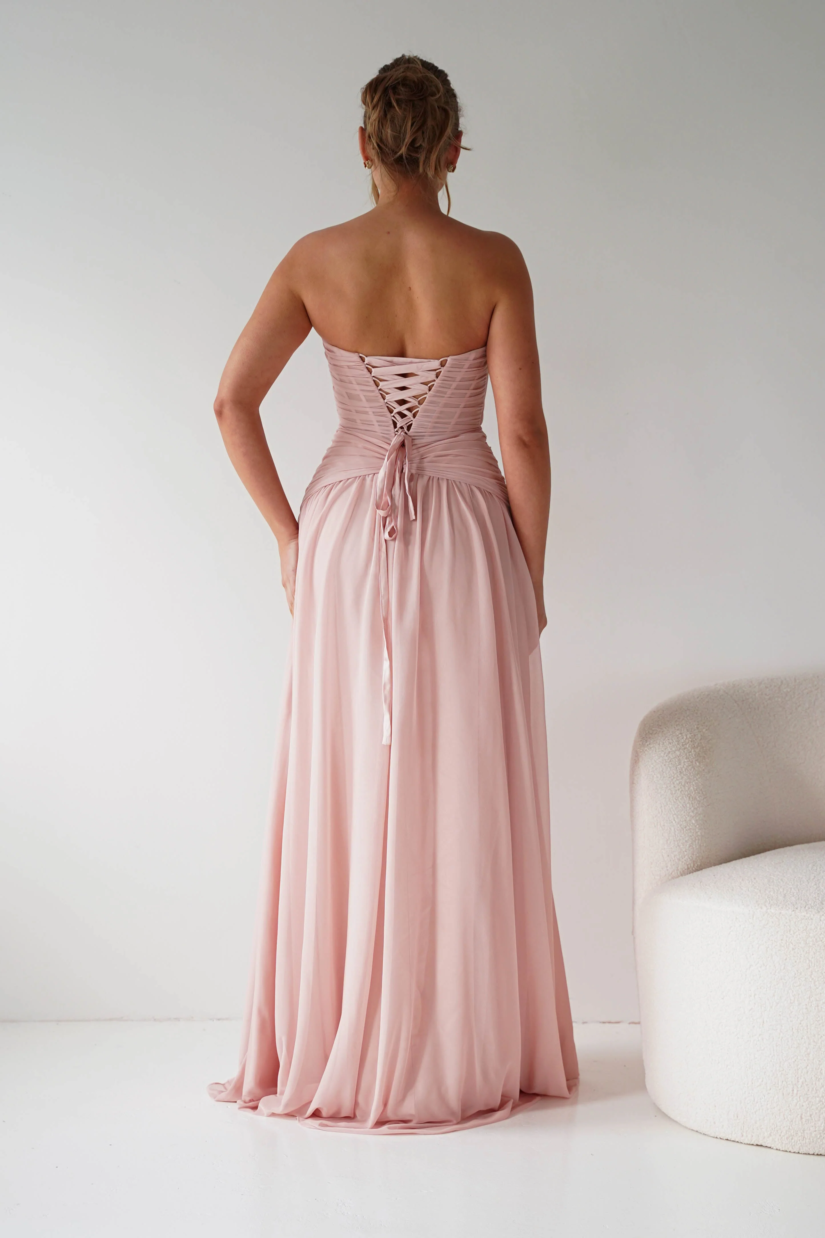 Nicolette Strapless Chiffon Maxi Gown | Blush
