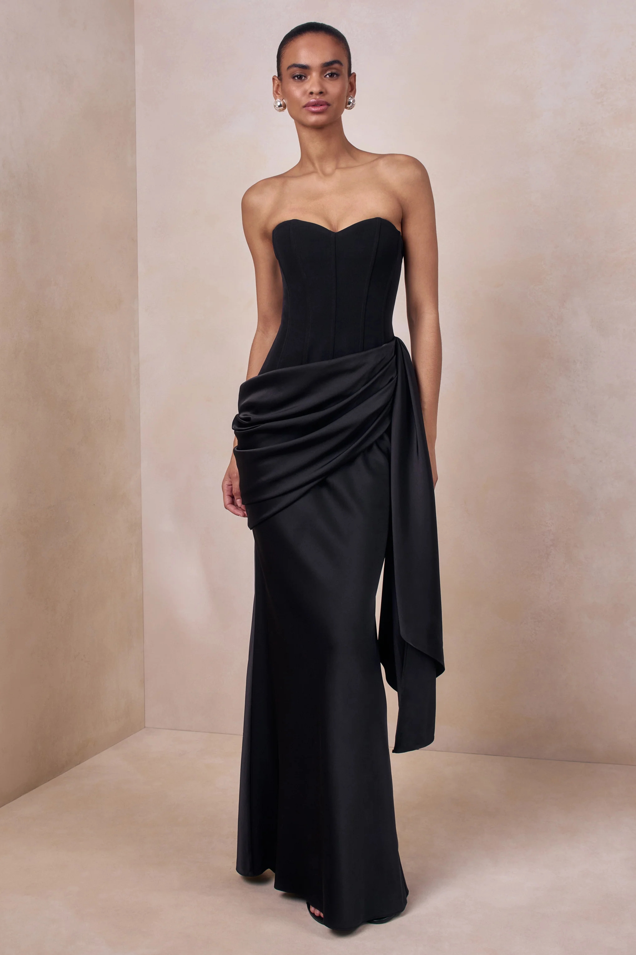 Nalira | Black Satin Bandeau Maxi Dress With Draped Skirt