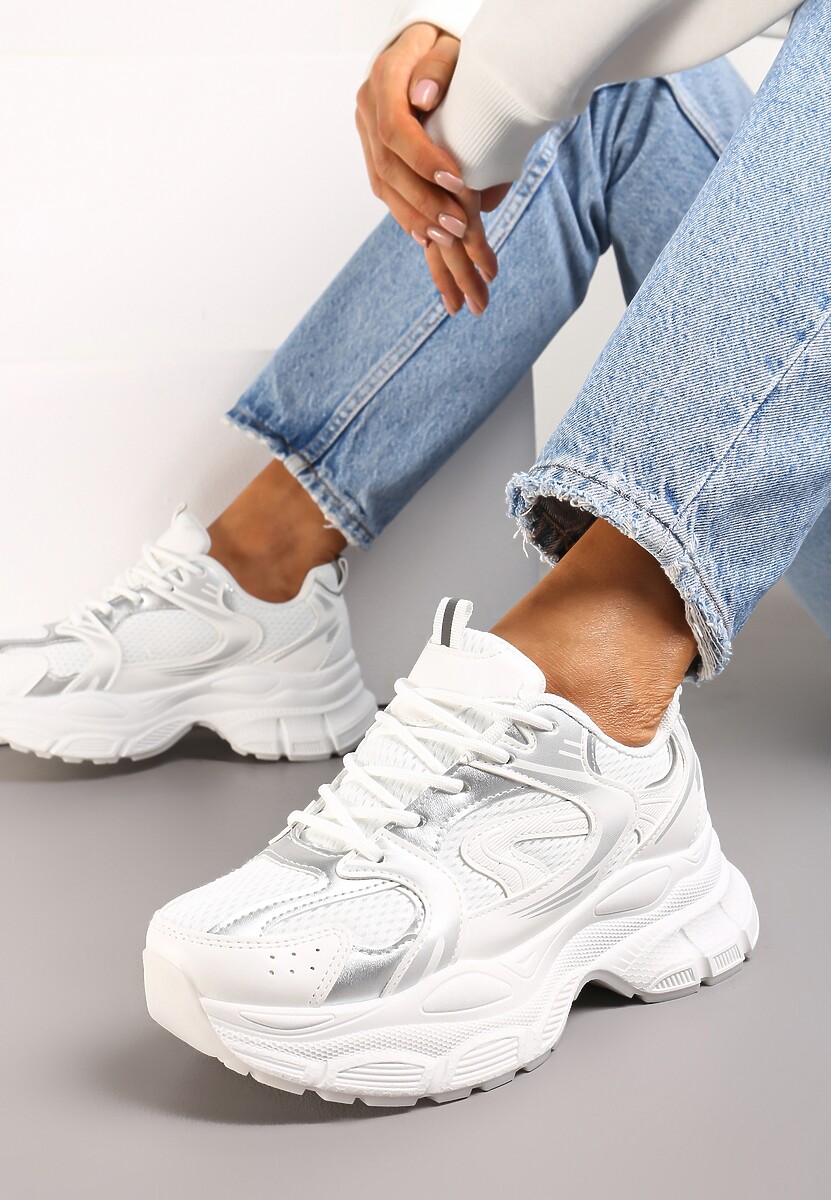 Biało-Srebrne Sneakersy na Masywnej Podeszwie z Siateczką Kubbia