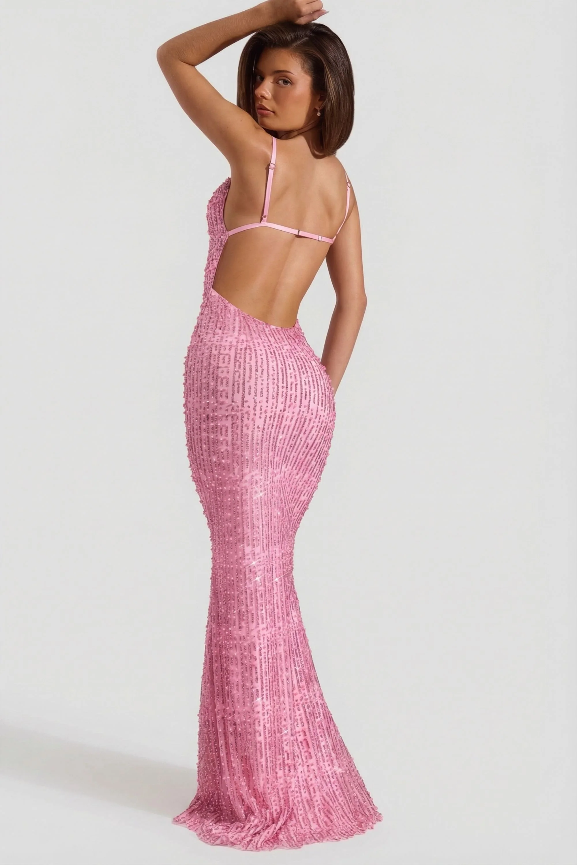 Embellished Cowl-Neck Backless Maxi Dress in Pink