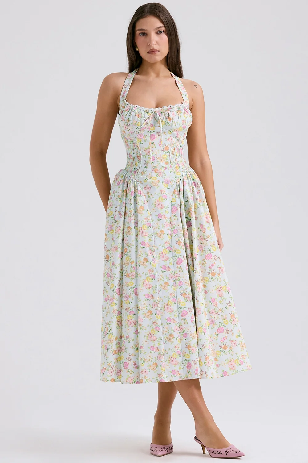 Pale Blue Meadow Print Cotton Halter Sundress