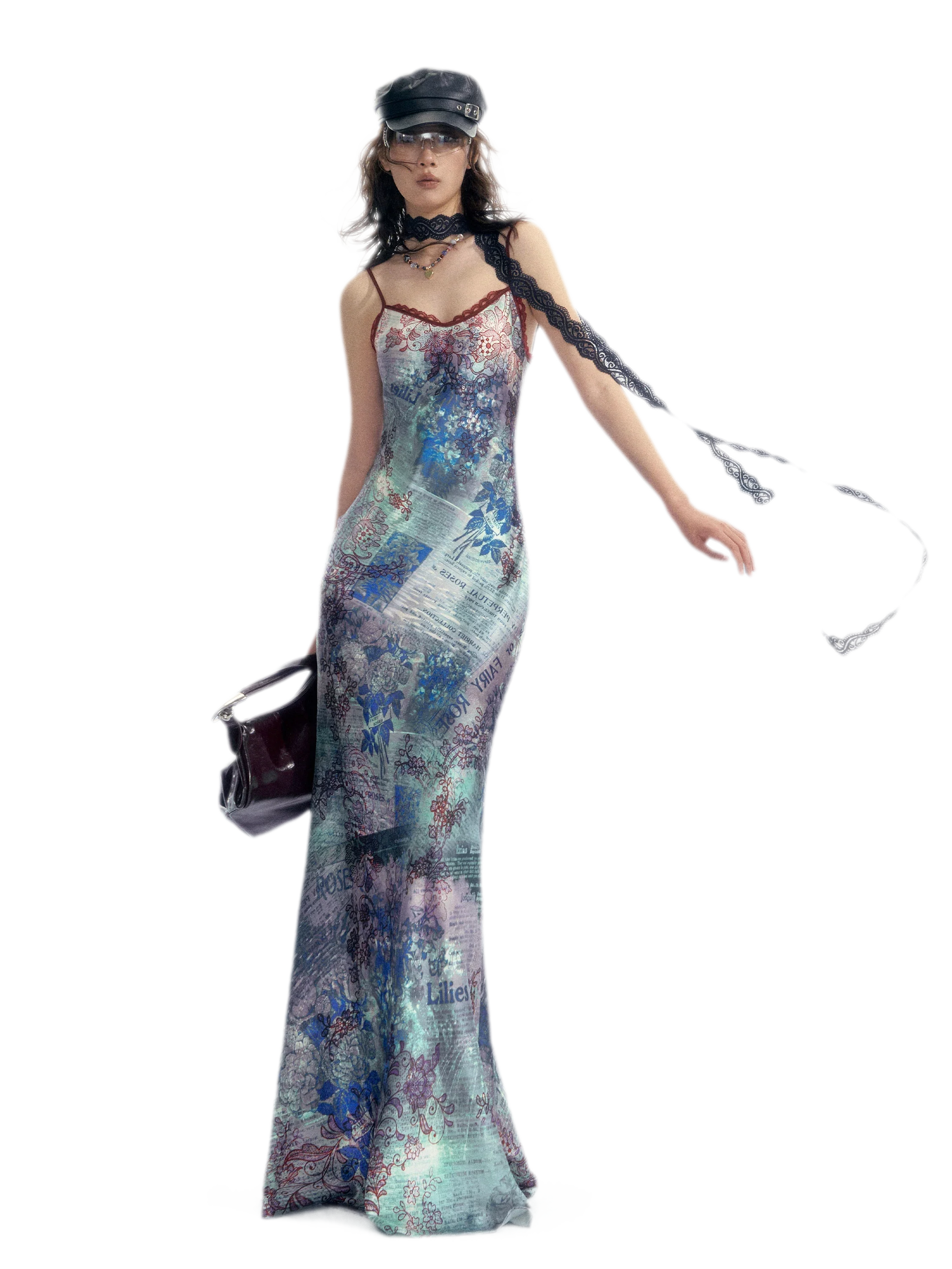 Botanical Print Bias-Cut Camisole Long Dress