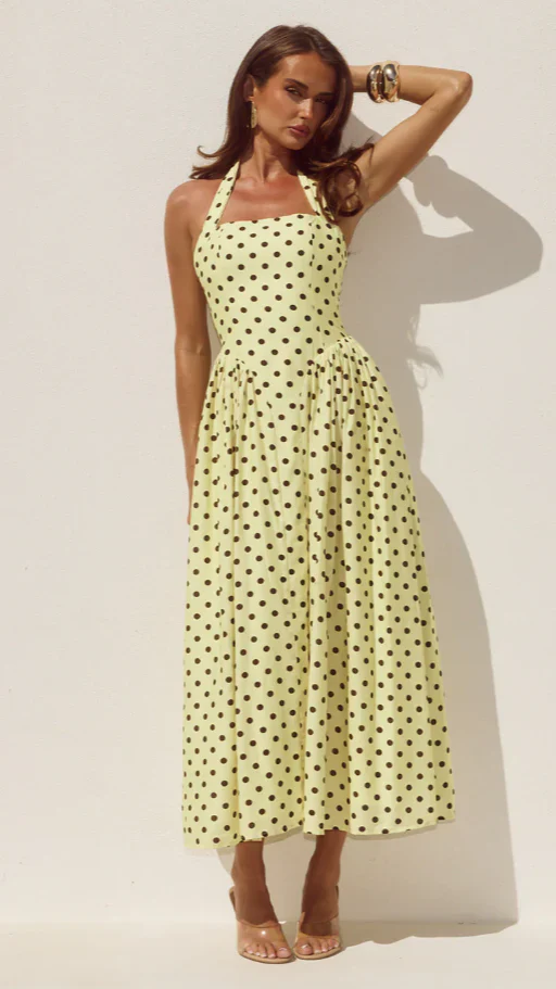 Sammi Halter Midi Dress - Lemon/Choc Polka