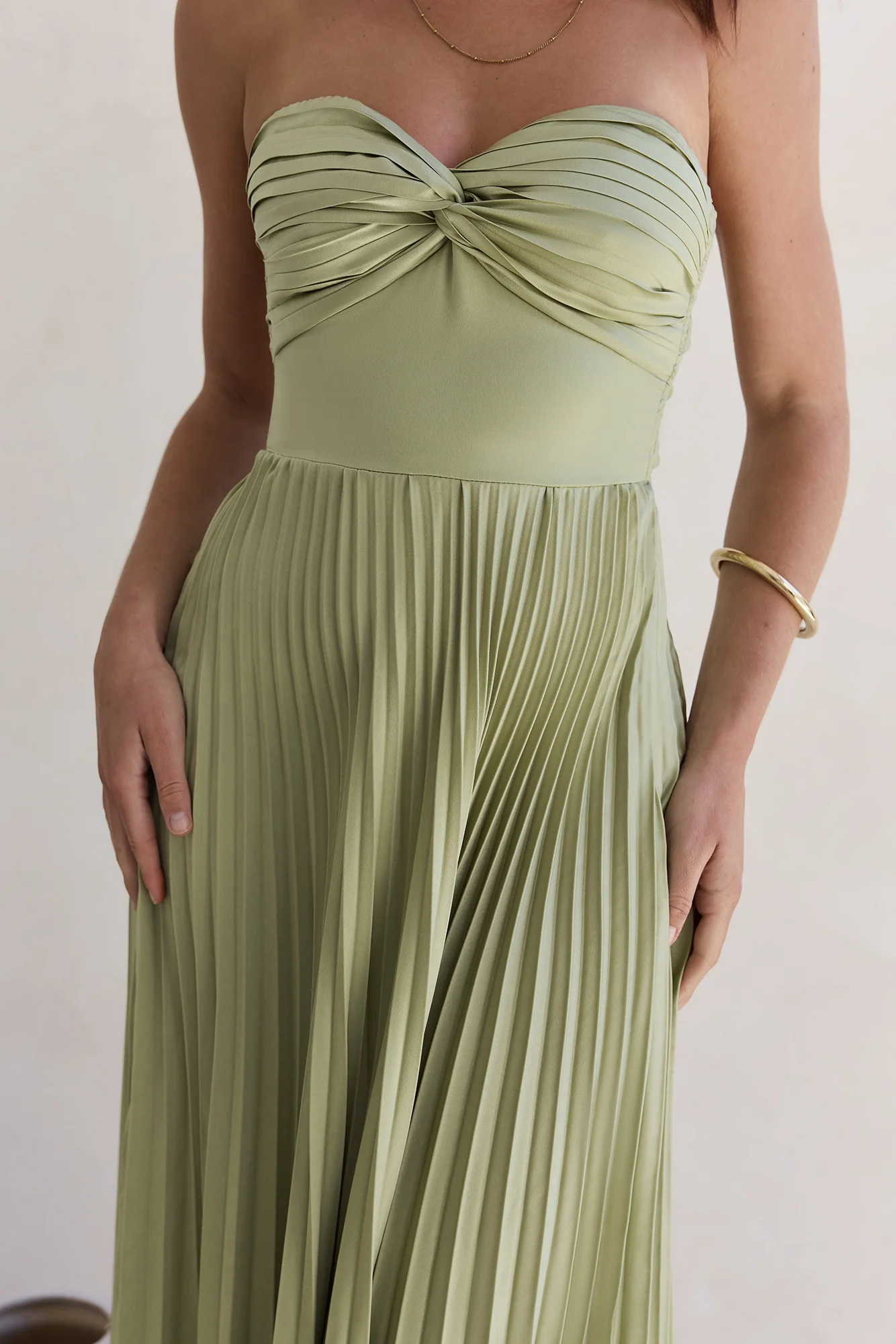 Decades Ago Plisse Strapless Maxi Dress Green