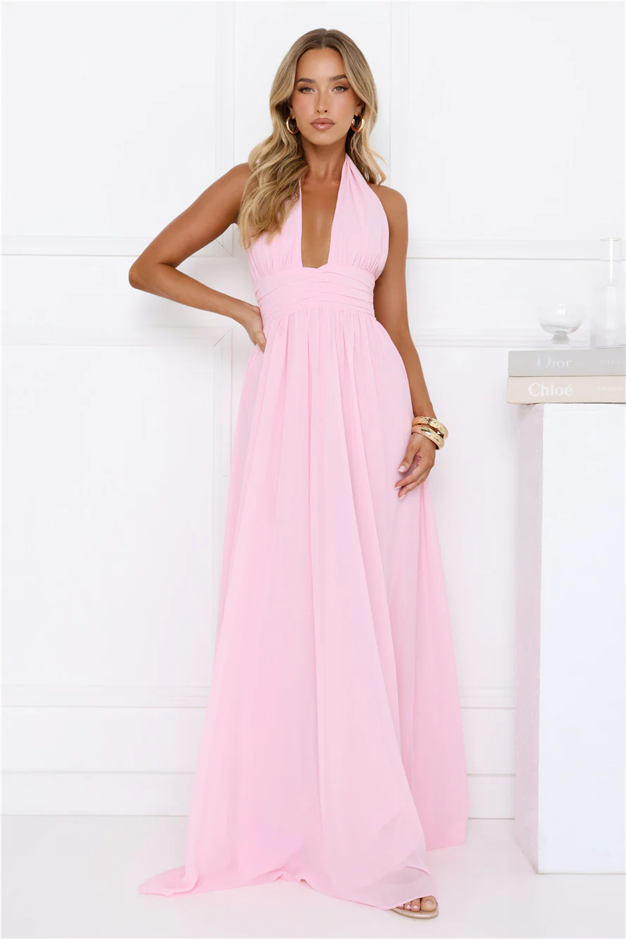 Rosé Opulence Halter Maxi Dress Pink