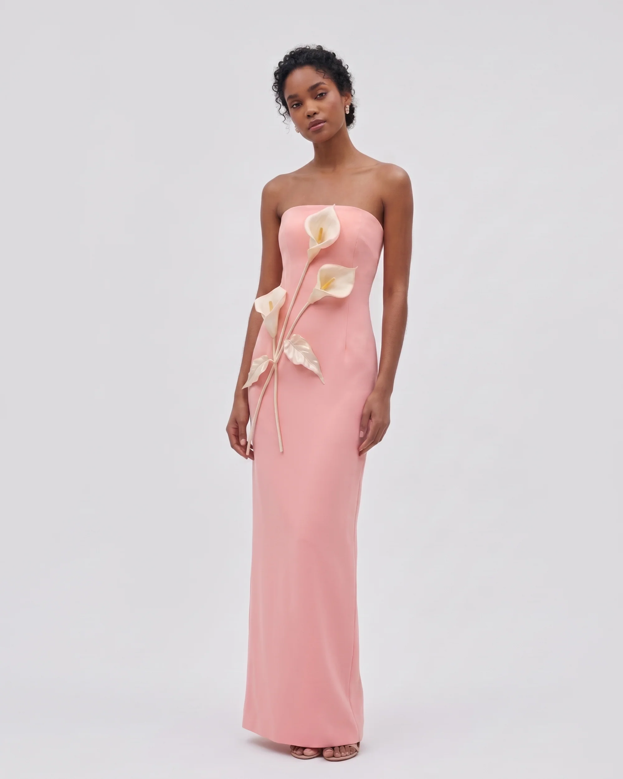 Floral Appliqué Strapless Dress - Coral Pink
