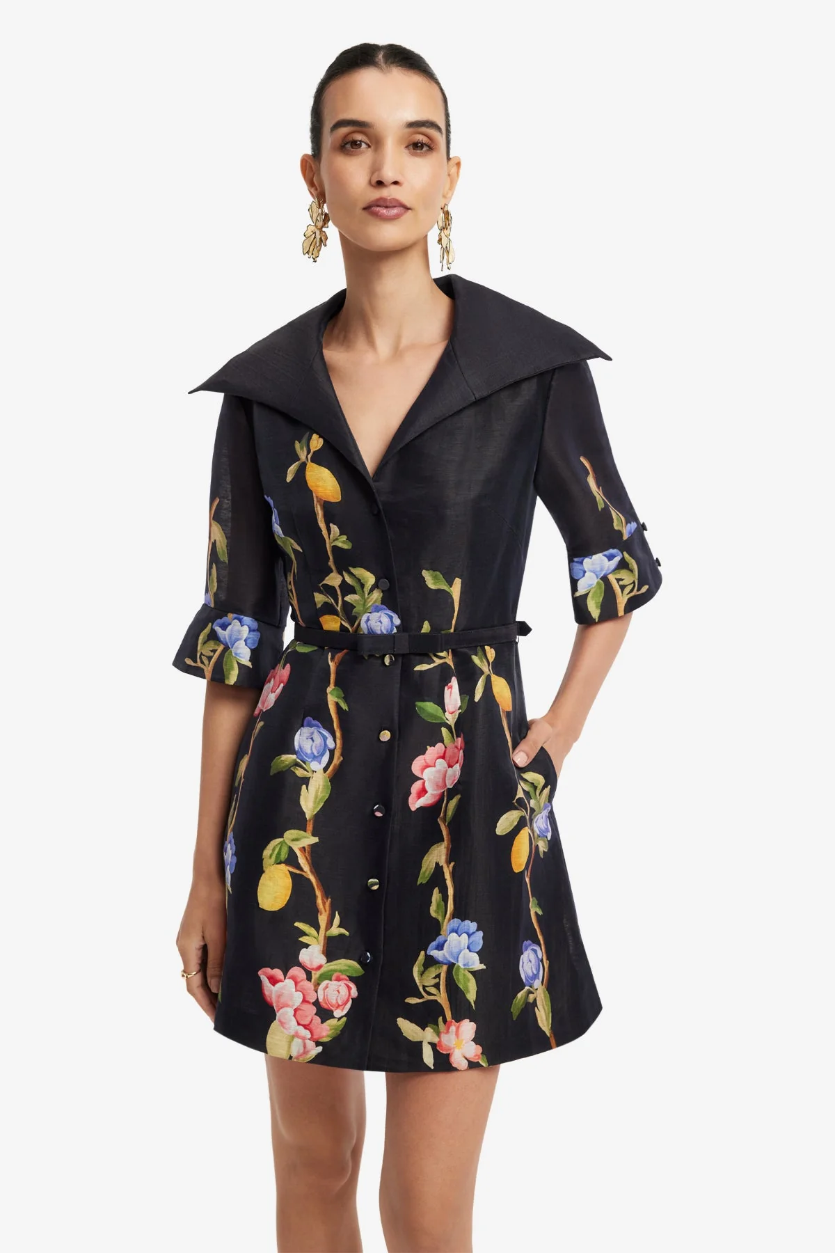 Genevieve Sleeve Mini Dress - Lemon Vine Print in Ebony