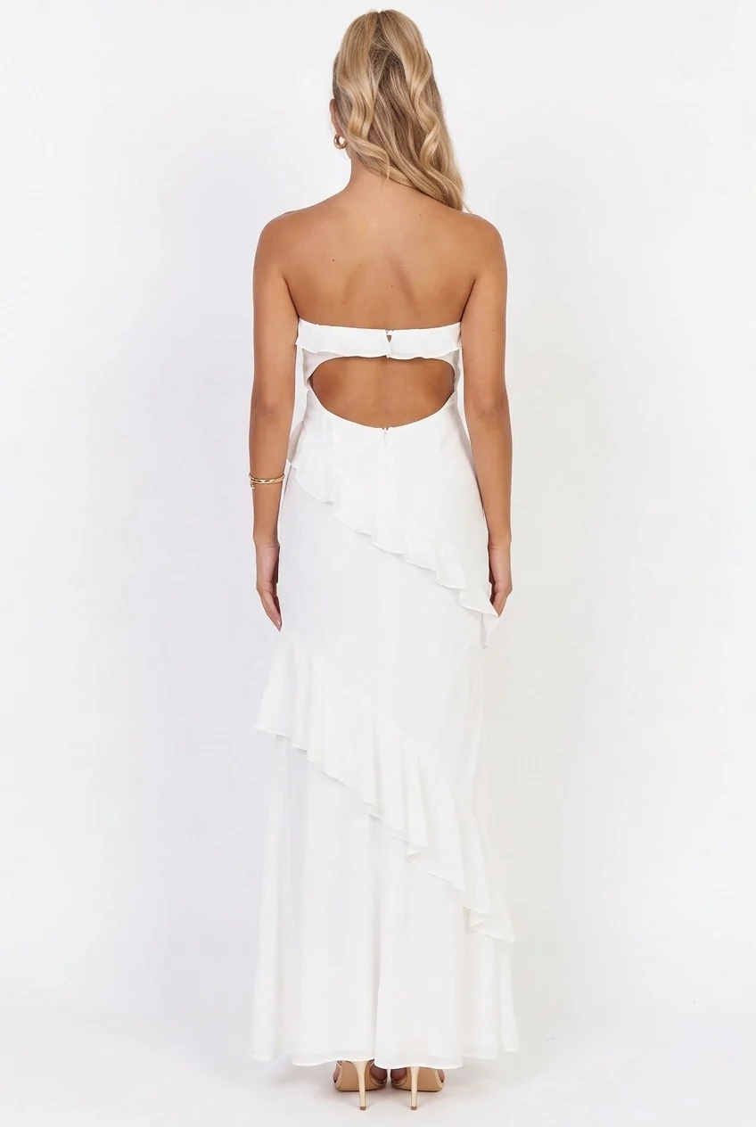 Say It Back Strapless Ruffle Maxi Dress