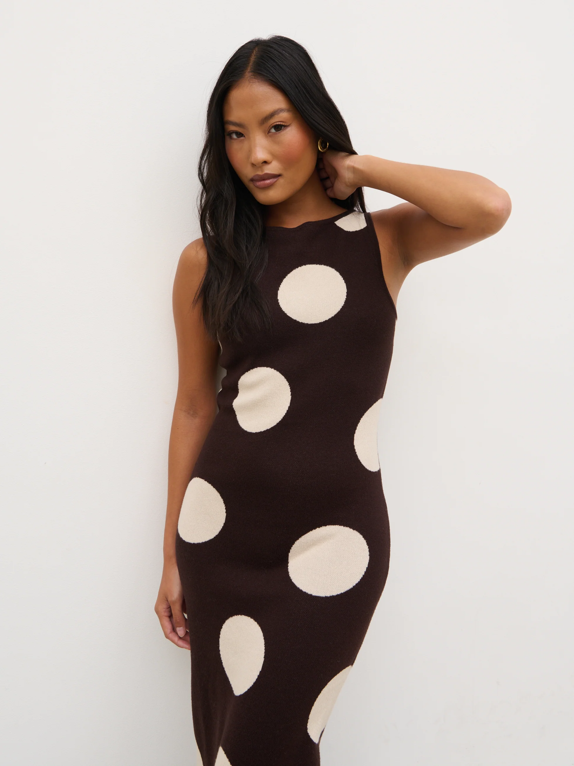 Sarover Polka Dot Maxi Knit Dress - Chocolate and Cream