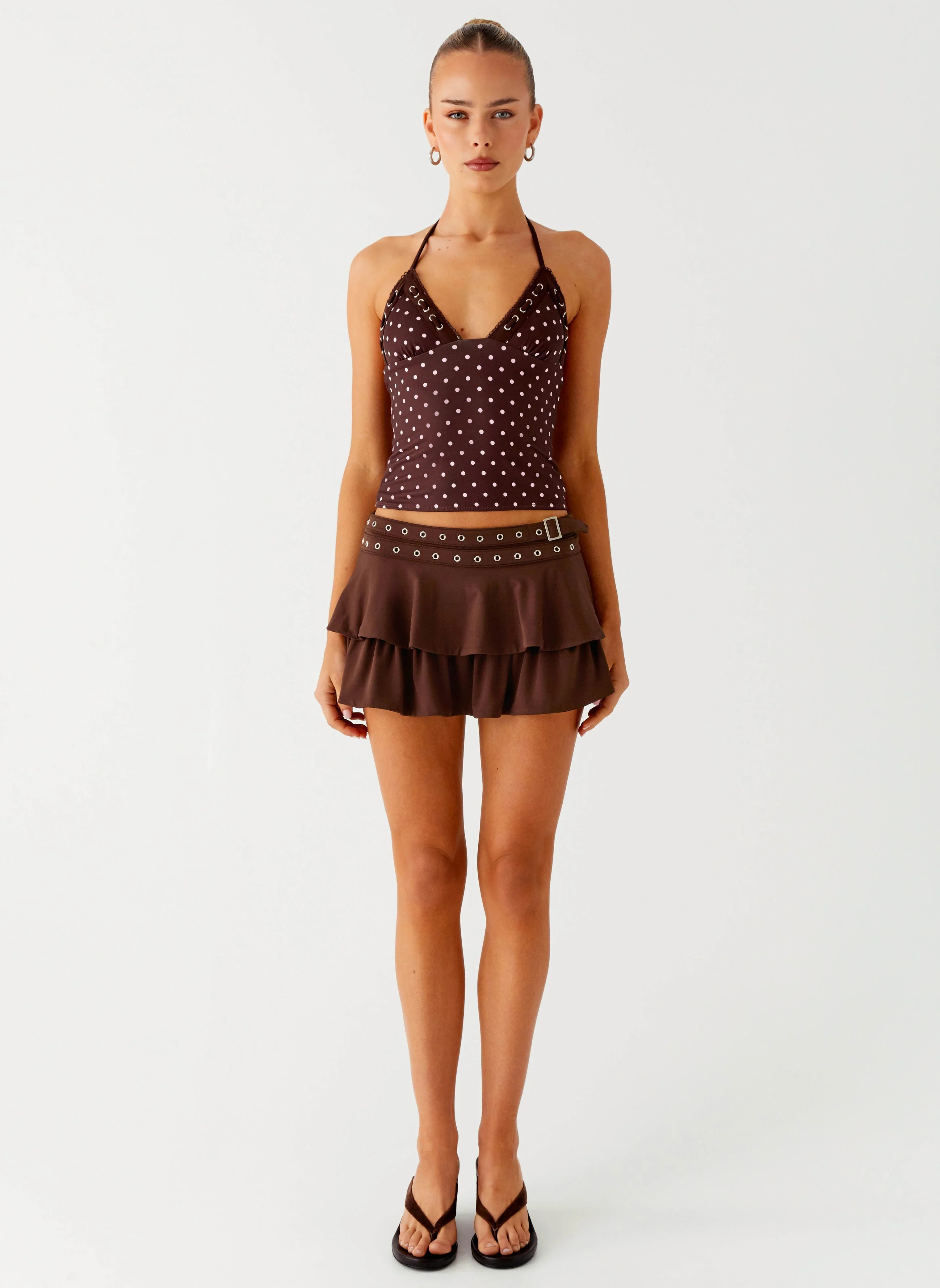 Bahama Eyelet Lace Up Top - Chocolate Strawberry Dot