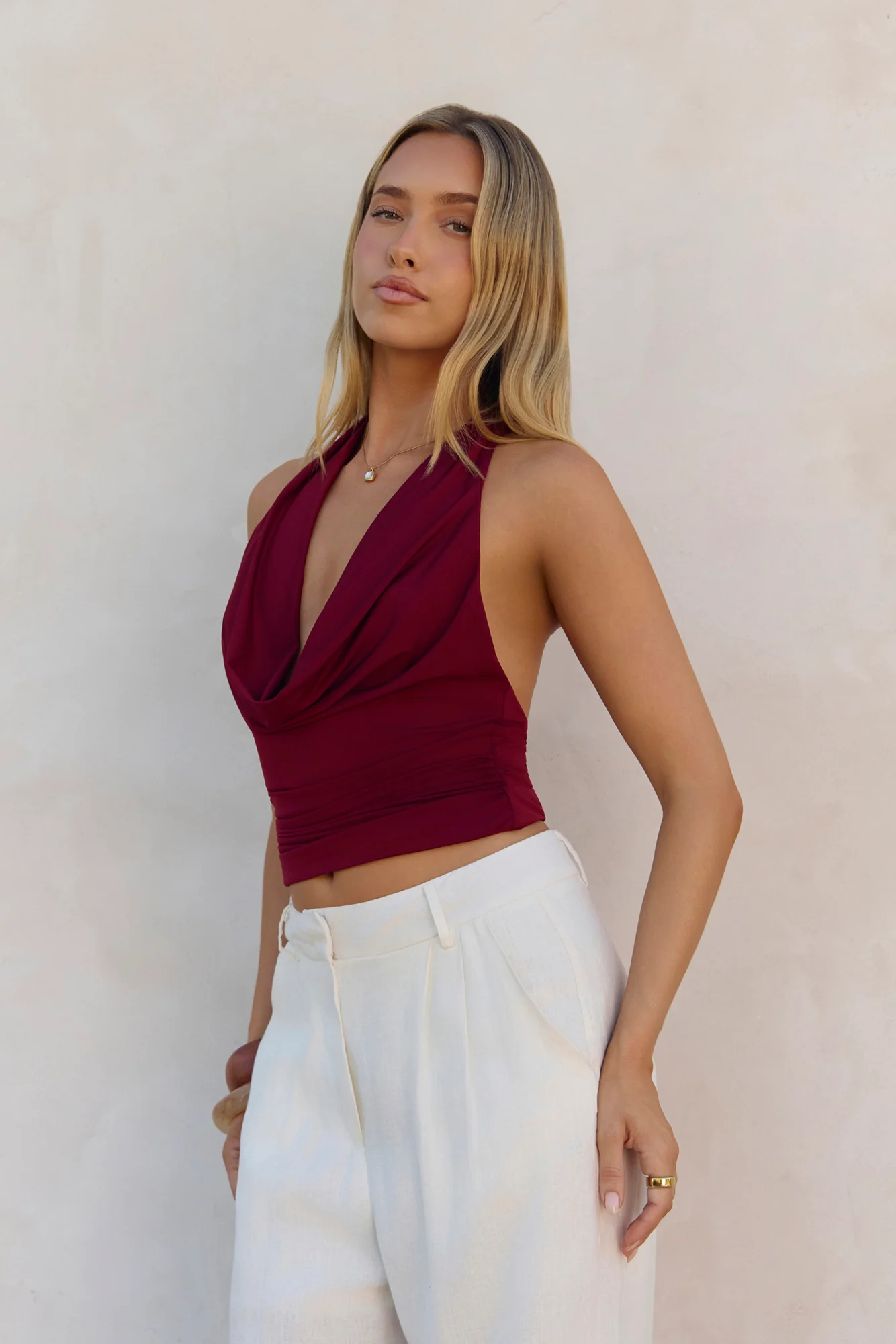 BASE Contour In Her Element Halter Cowl Top Wine