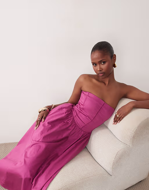 Abercrombie & Fitch bandeau corset waist detail maxi dress in pink