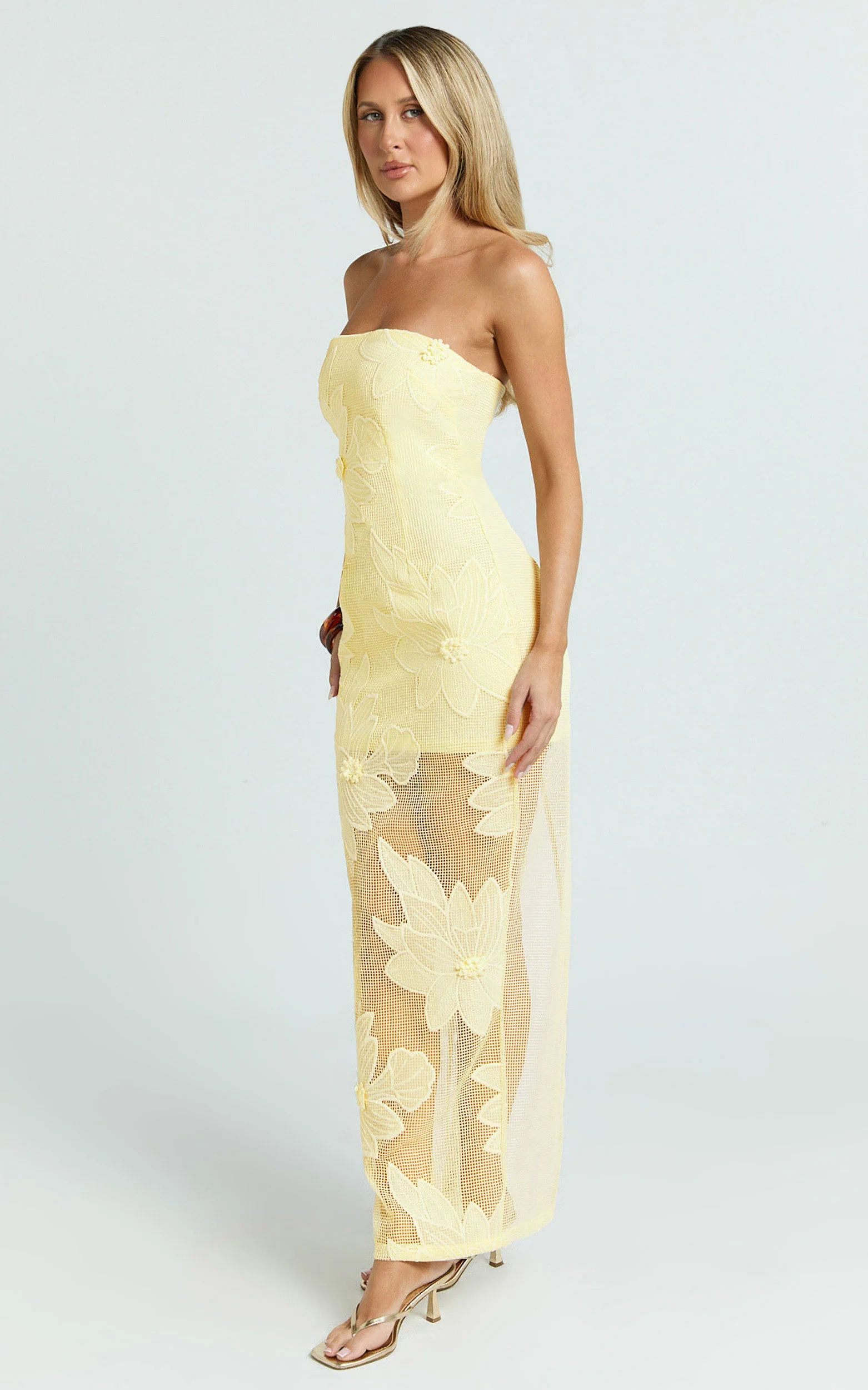 Sienna Midi Dress - Strapless Floral Embroidered Bodycon Dress in Lemon