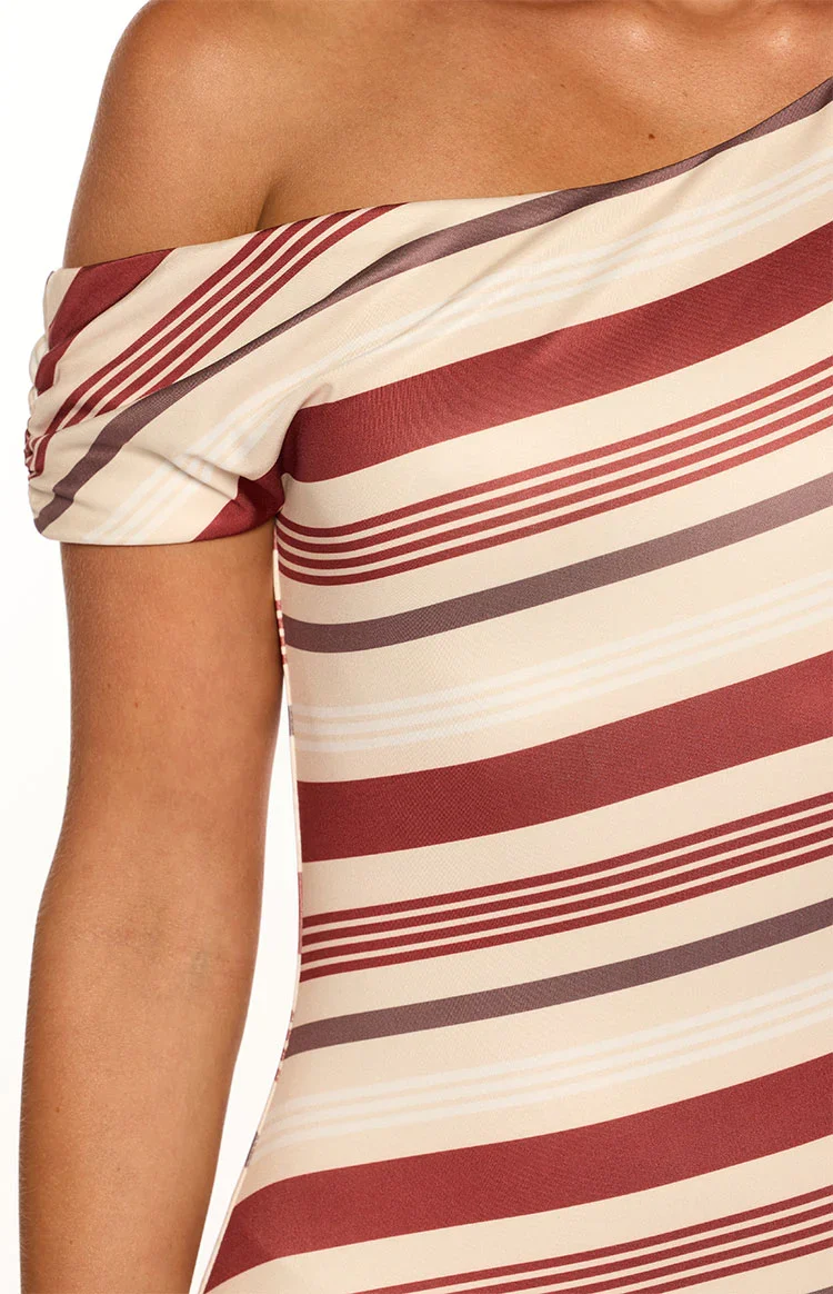 Sophus Cream Stripe Off Shoulder Mini Dress
