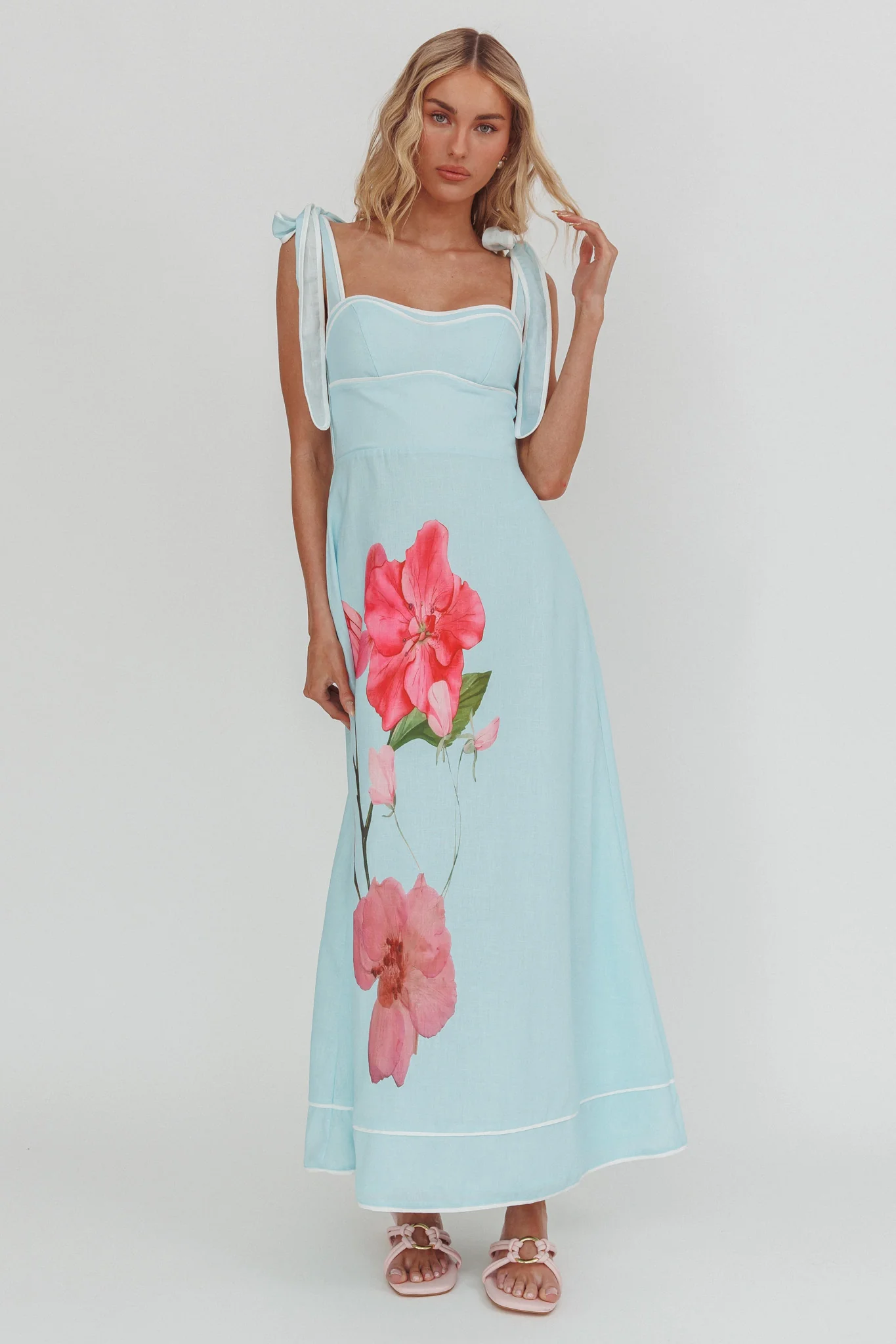Averin Tied Shoulder Maxi Dress Flower Mint - luluinthesky