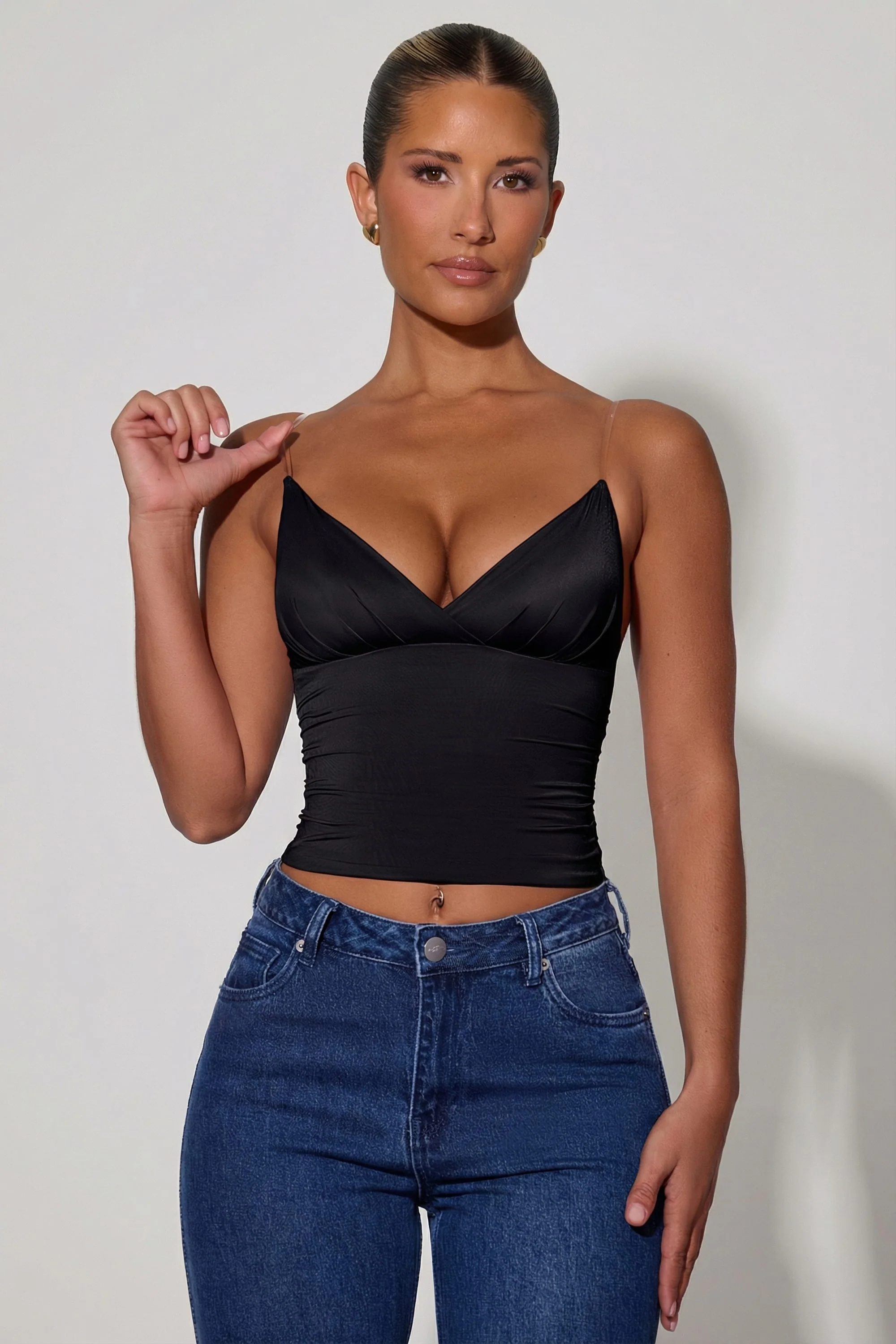 Ruched Plunge-Neck Camisole Top in Black
