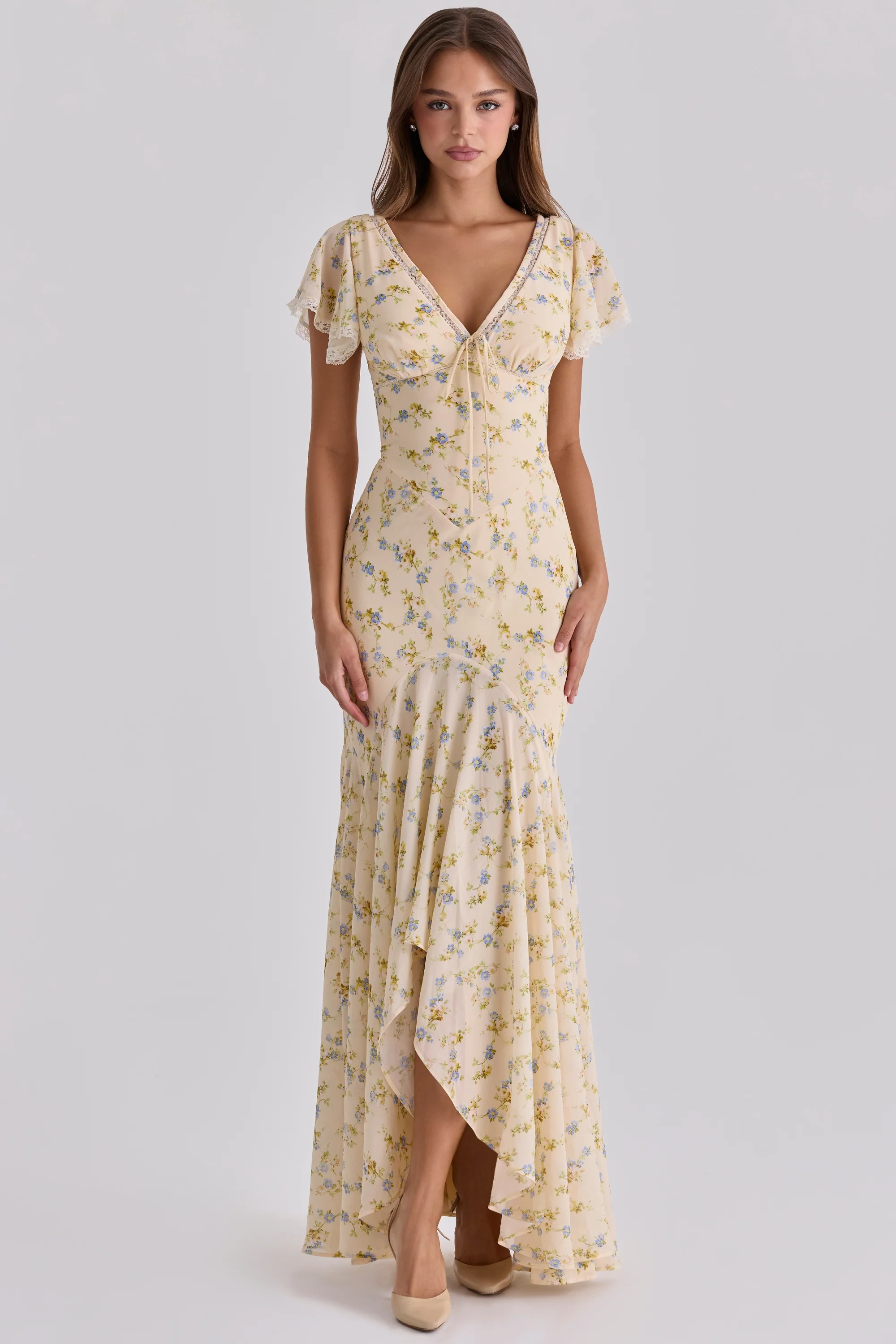 Lemon Floral Print Georgette Maxi Tea Dress