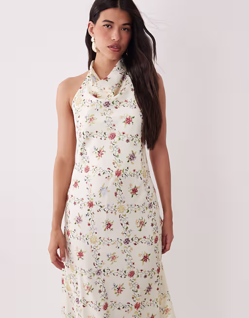 YAS halterneck backless satin maxi dress in white floral print