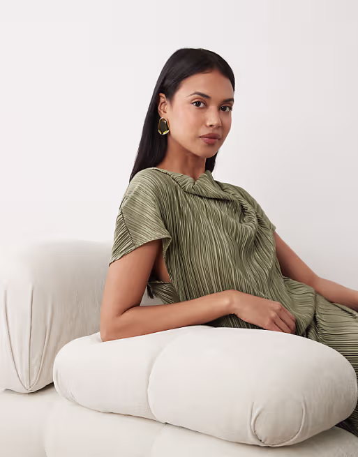 plisse draped waist midi dress in khaki