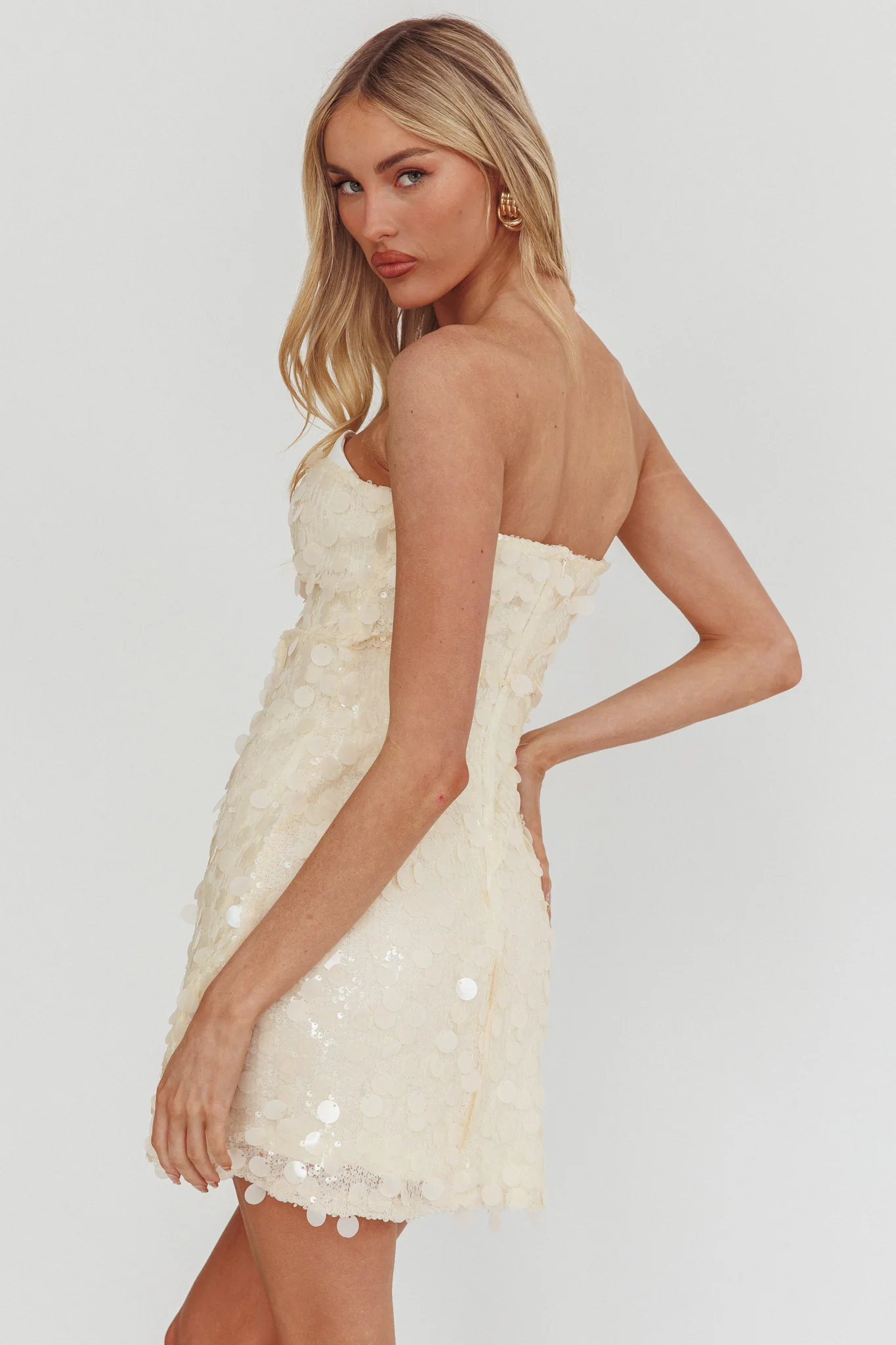 Hillara Strapless Mini Dress Sequin Cream