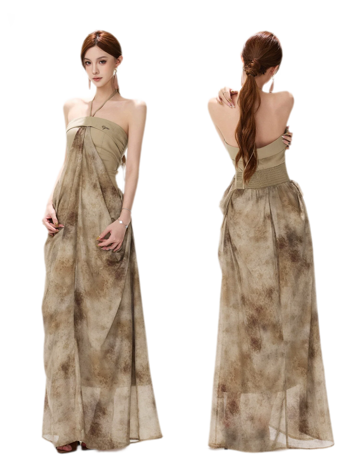 Ink-Wash Pleated Halter Dress