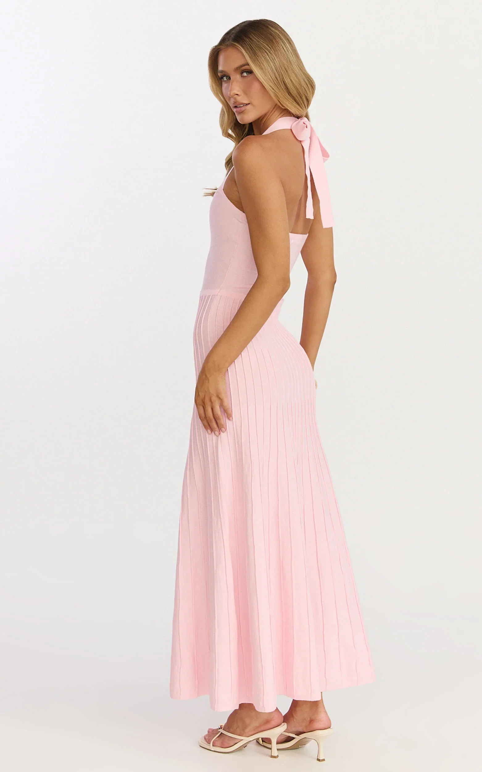 Candace Midi Dress - Halter Neck Ribbed Knit Dress in Pale Pink