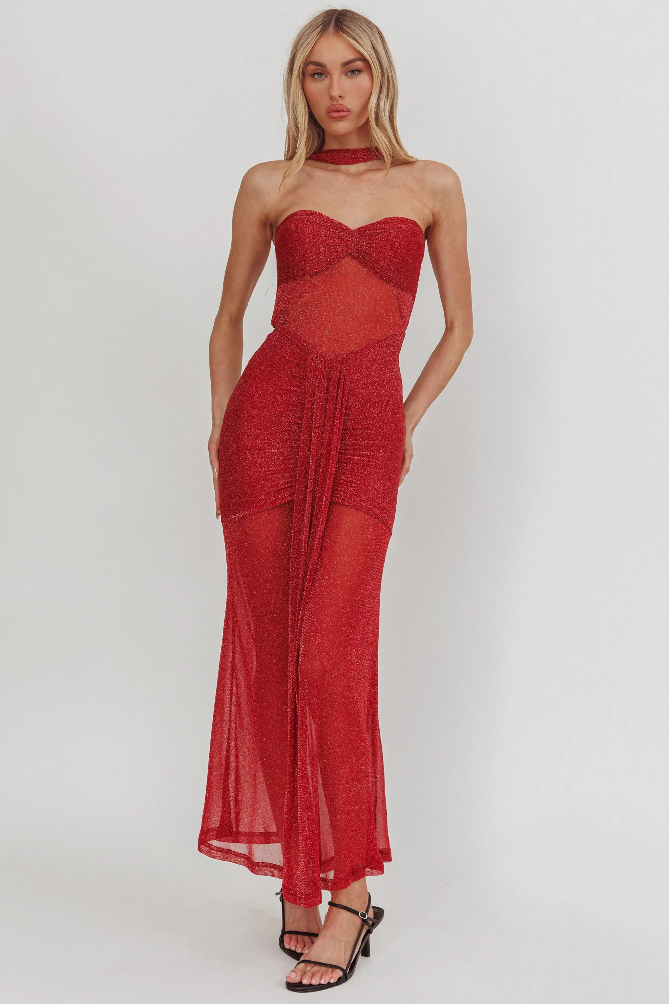 Elma Bandeau Sheer Shimmer Maxi Dress Red