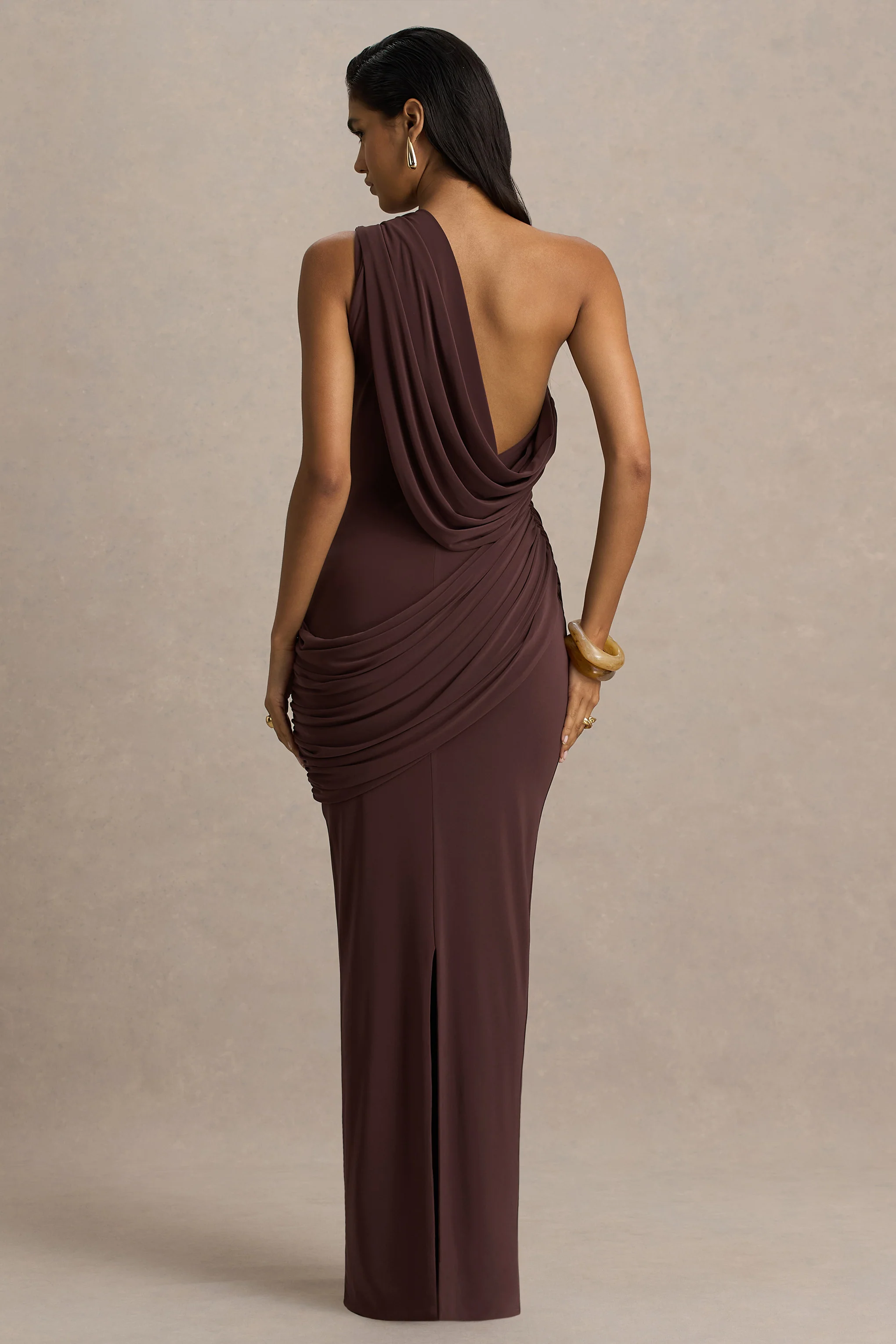 Elisa | Brown Asymmetric-Neck Maxi Dress With Open-Back And Ruched Detailing
