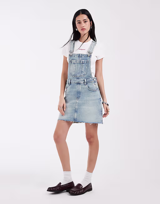 Tommy Jeans denim overalls dress in light wash blue