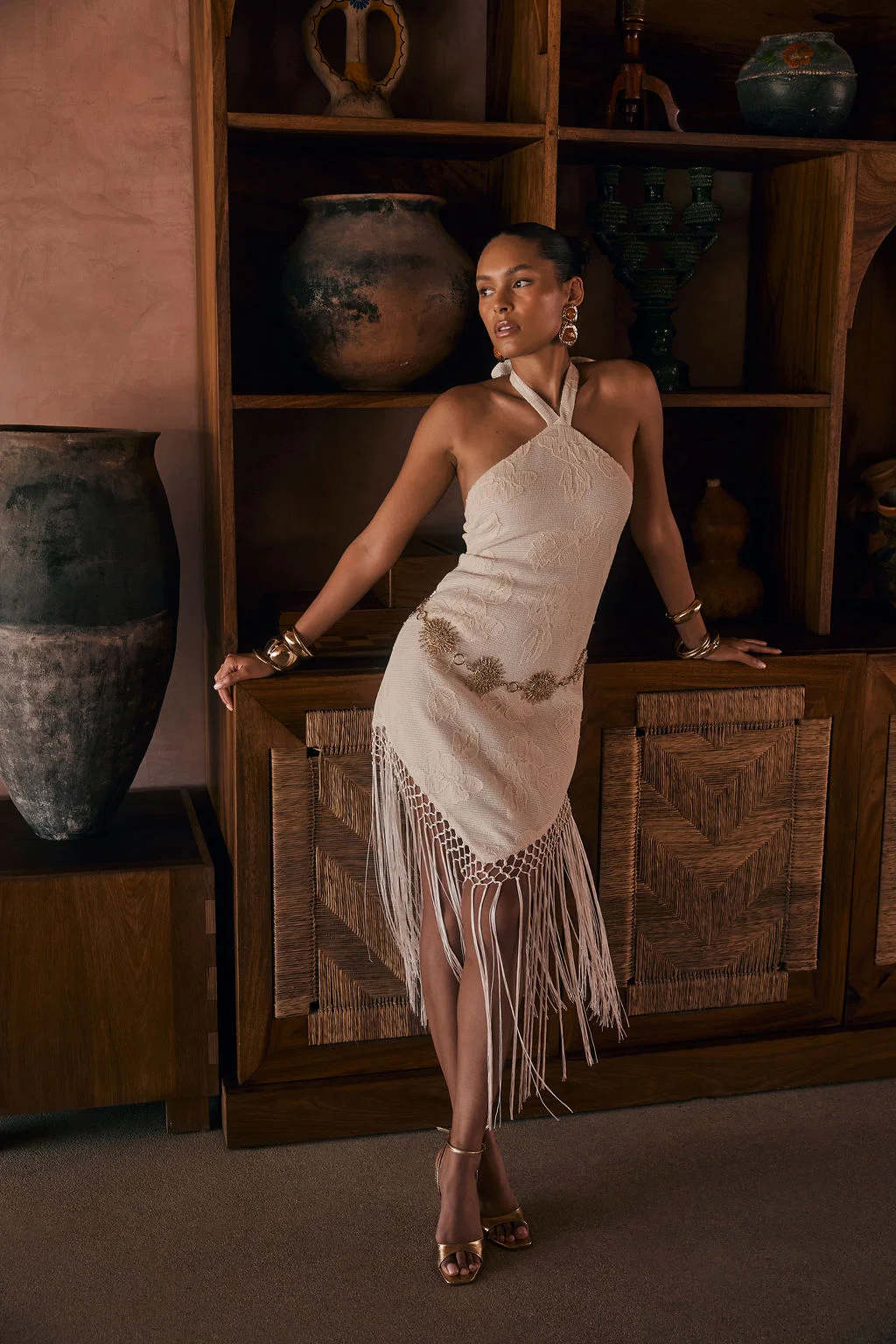 Fontaine Ivory Jacquard Fringe Midi Dress