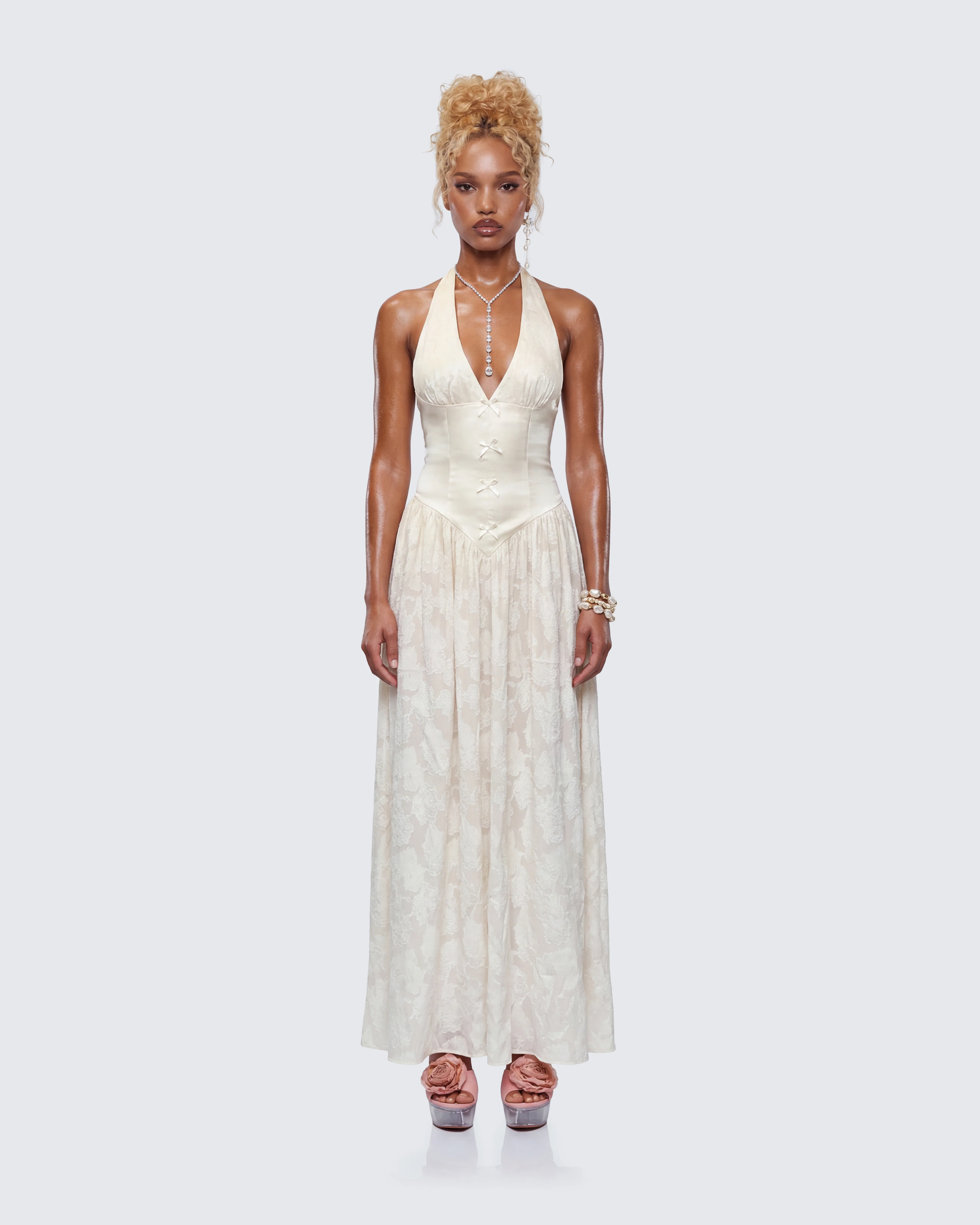 Avalon Ivory Corset Plunge Maxi Dress