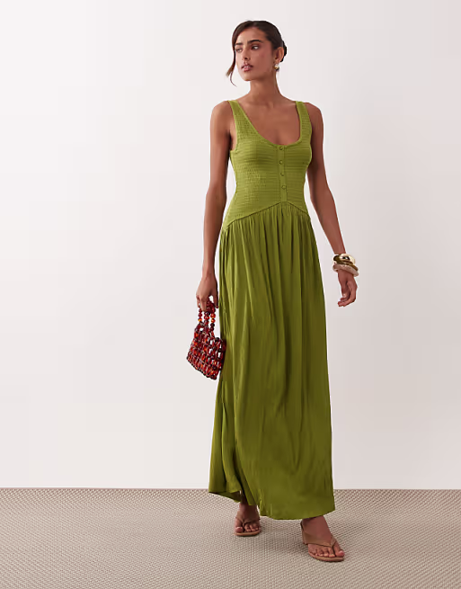 crinkle button up midi dress in olive