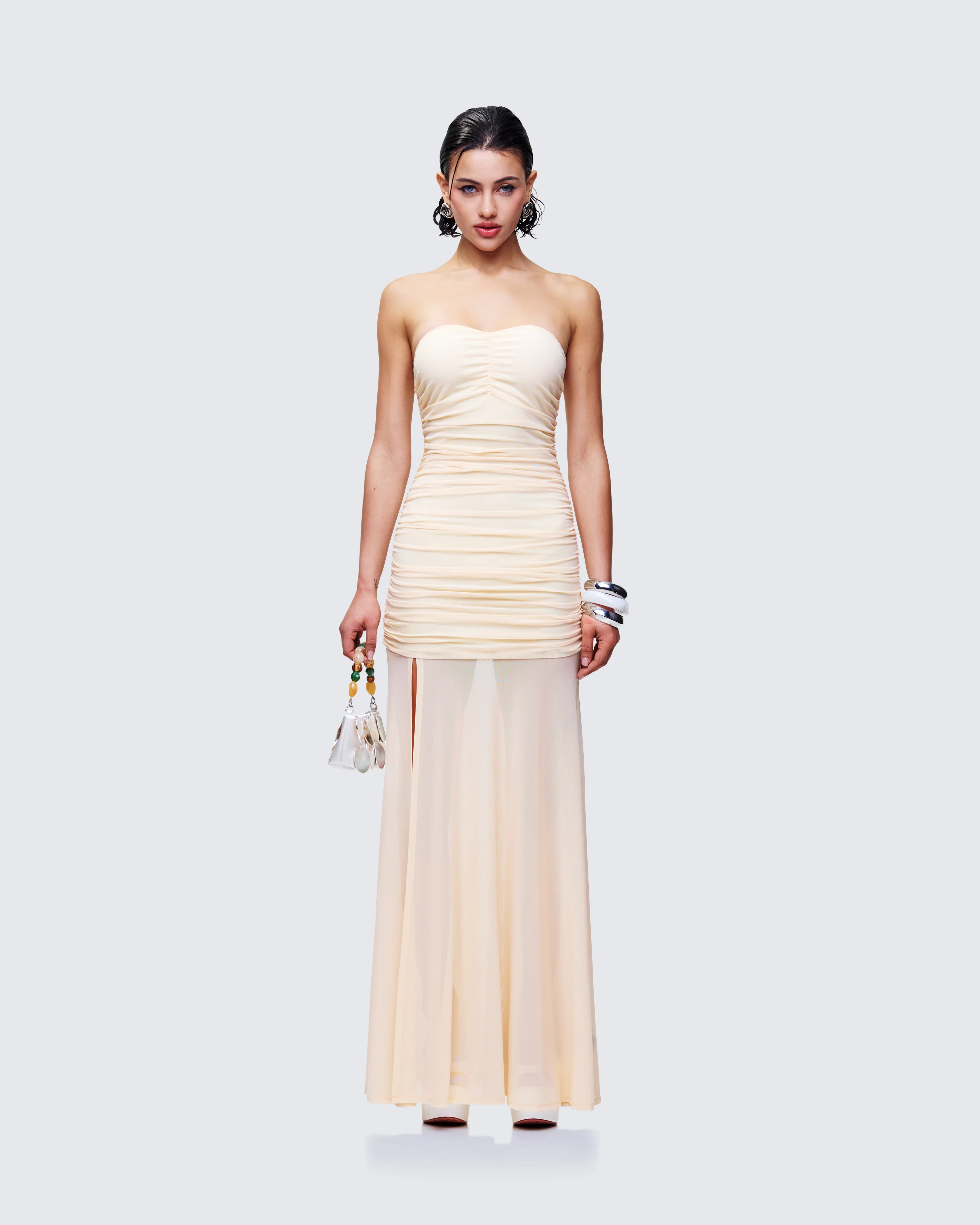 Zea Yellow Ruched Mesh Maxi Dress