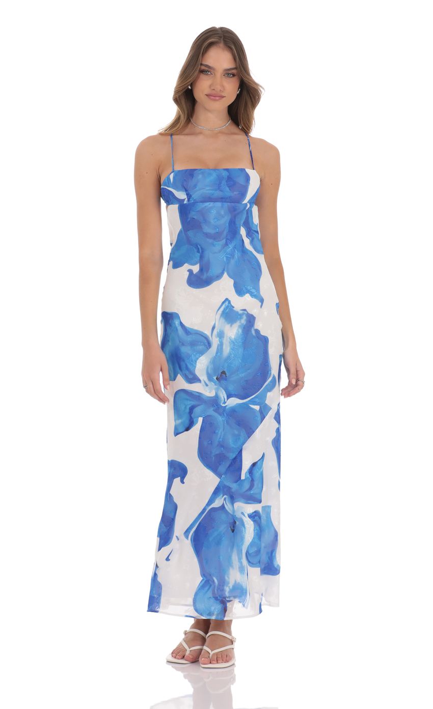 Floral Open Back Maxi Dress in White & Blue