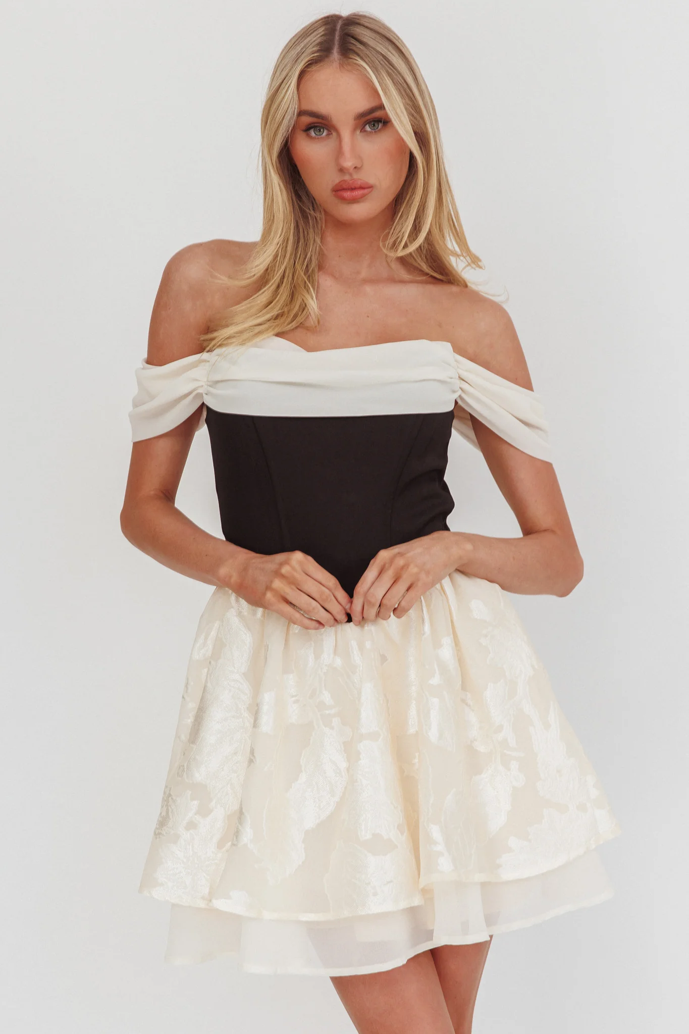 Lusting Off Shoulder Mini Dress Black/Cream