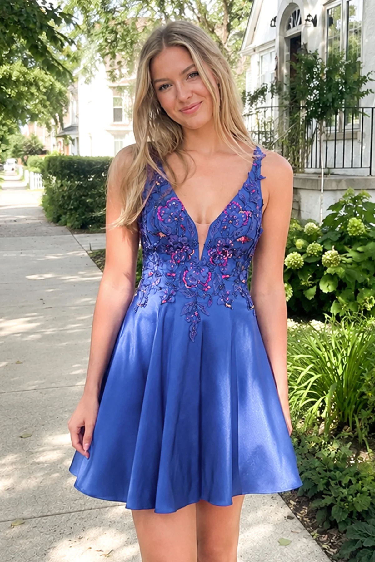 Royal Blue - A Line Satin V Neck Sequined Homecoming Dresses with Appliques