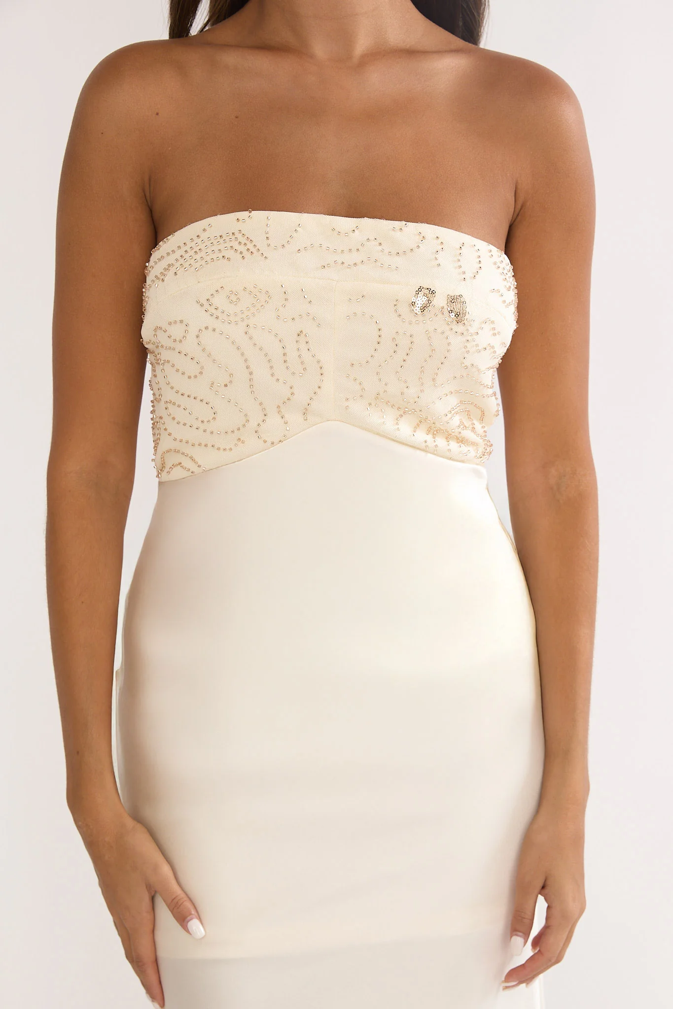 At Dusk Beaded Bust Strapless Maxi Dress Oyster - luluinthesky